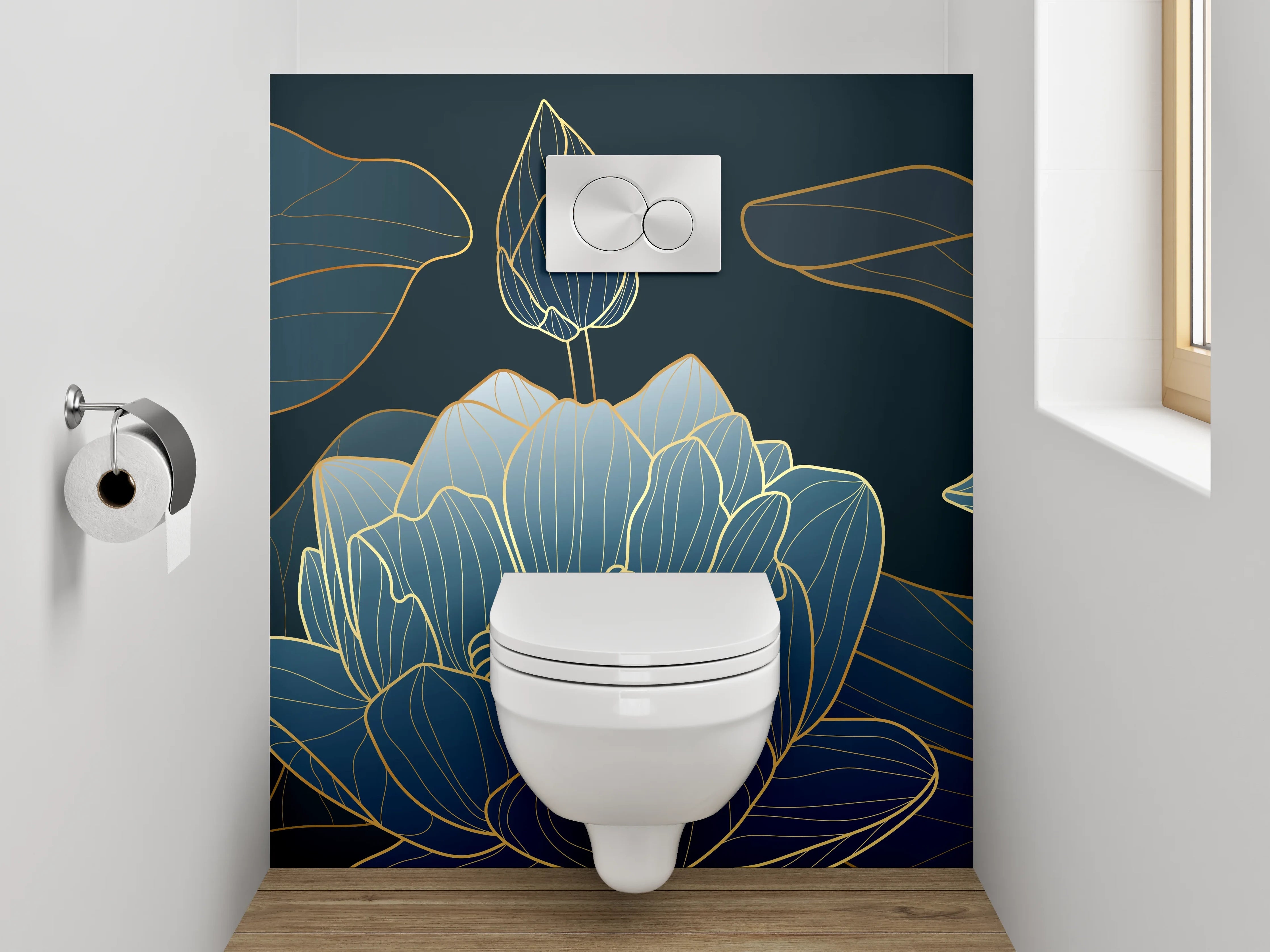 WC-Rückwand - Elegante Lotus Lineart in Blau-Gold