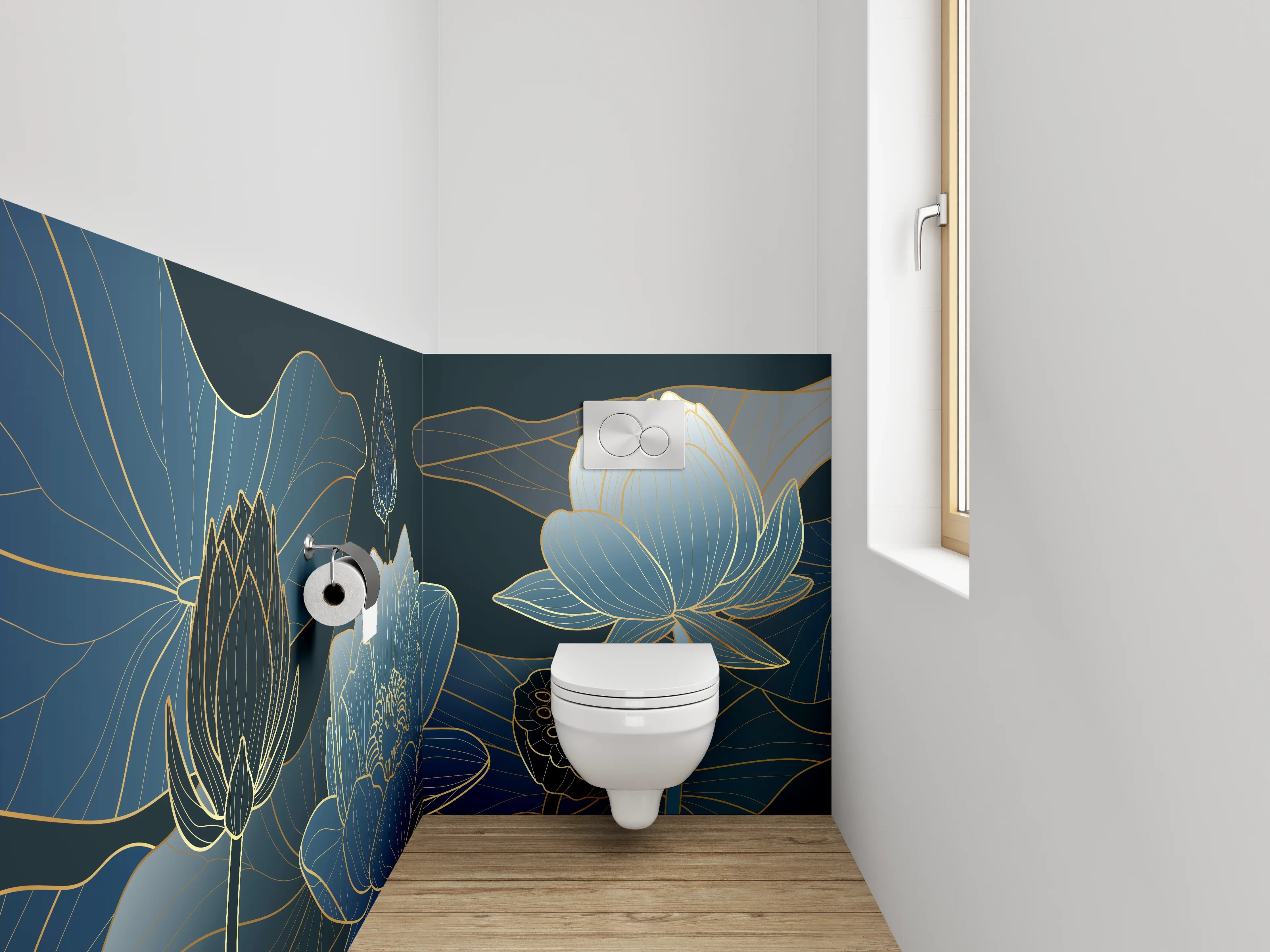 WC-Rückwand - Elegante Lotus Lineart in Blau-Gold