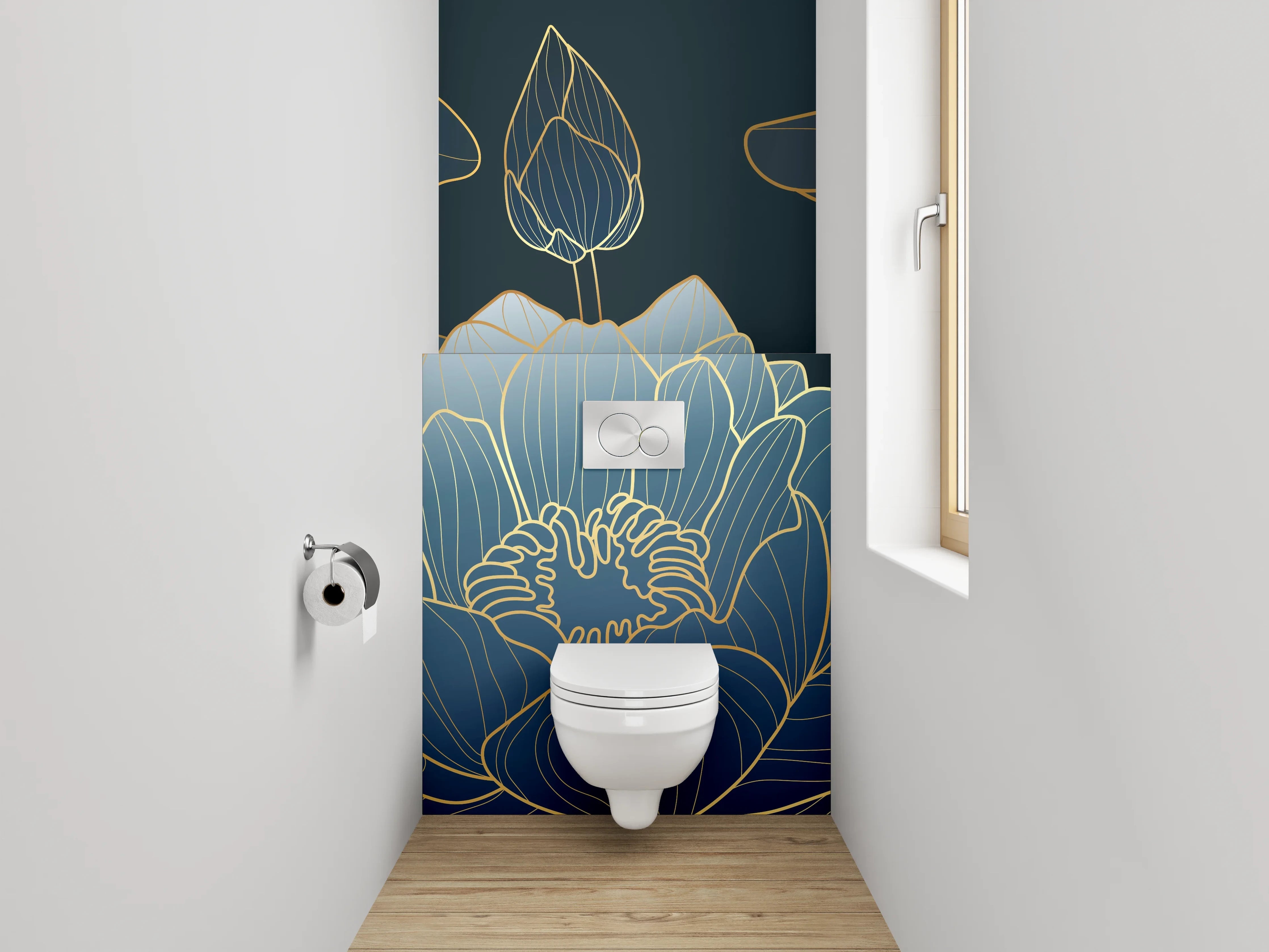 WC-Rückwand - Elegante Lotus Lineart in Blau-Gold