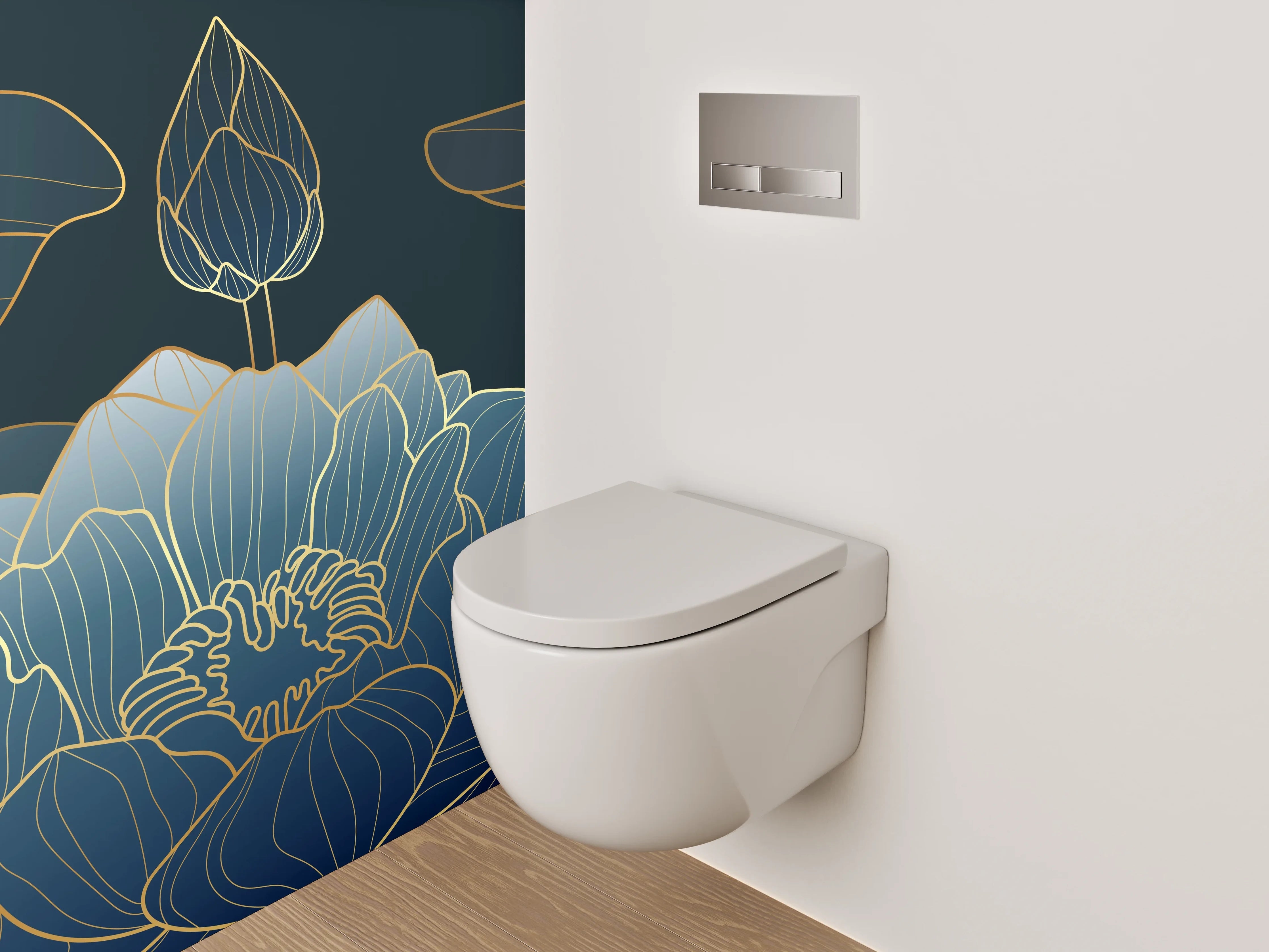 WC-Rückwand - Elegante Lotus Lineart in Blau-Gold