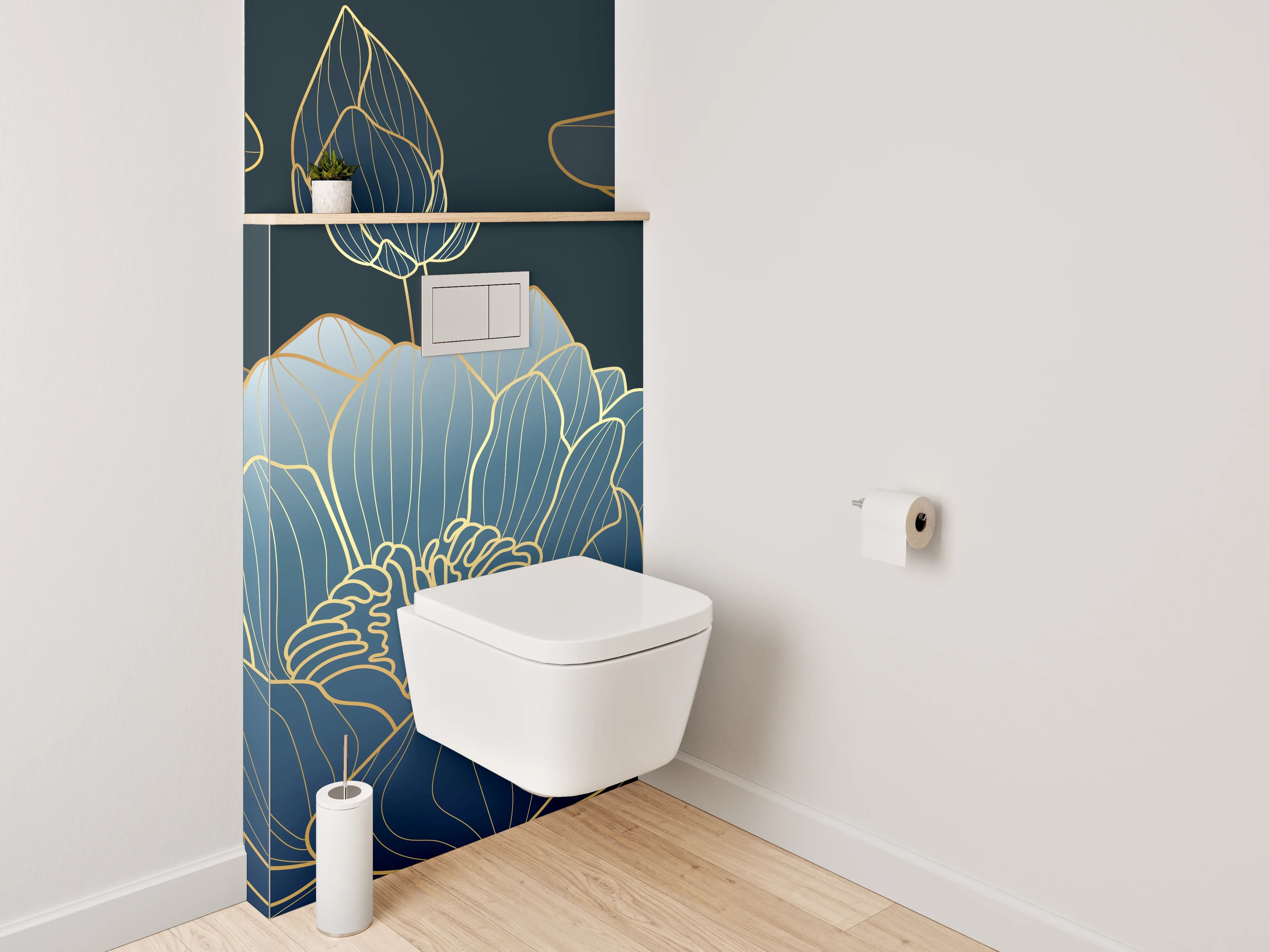WC-Rückwand - Elegante Lotus Lineart in Blau-Gold