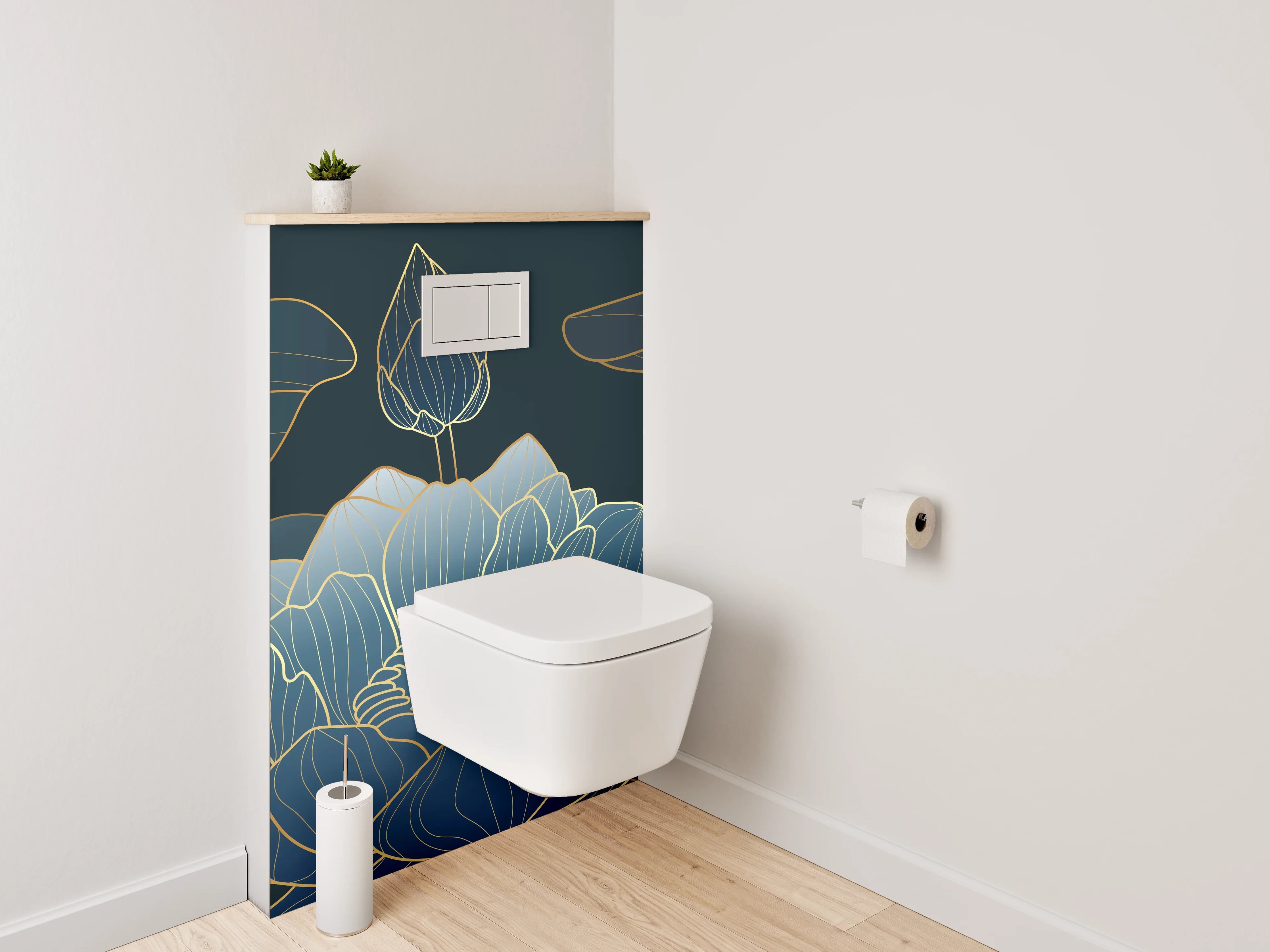 WC-Rückwand - Elegante Lotus Lineart in Blau-Gold