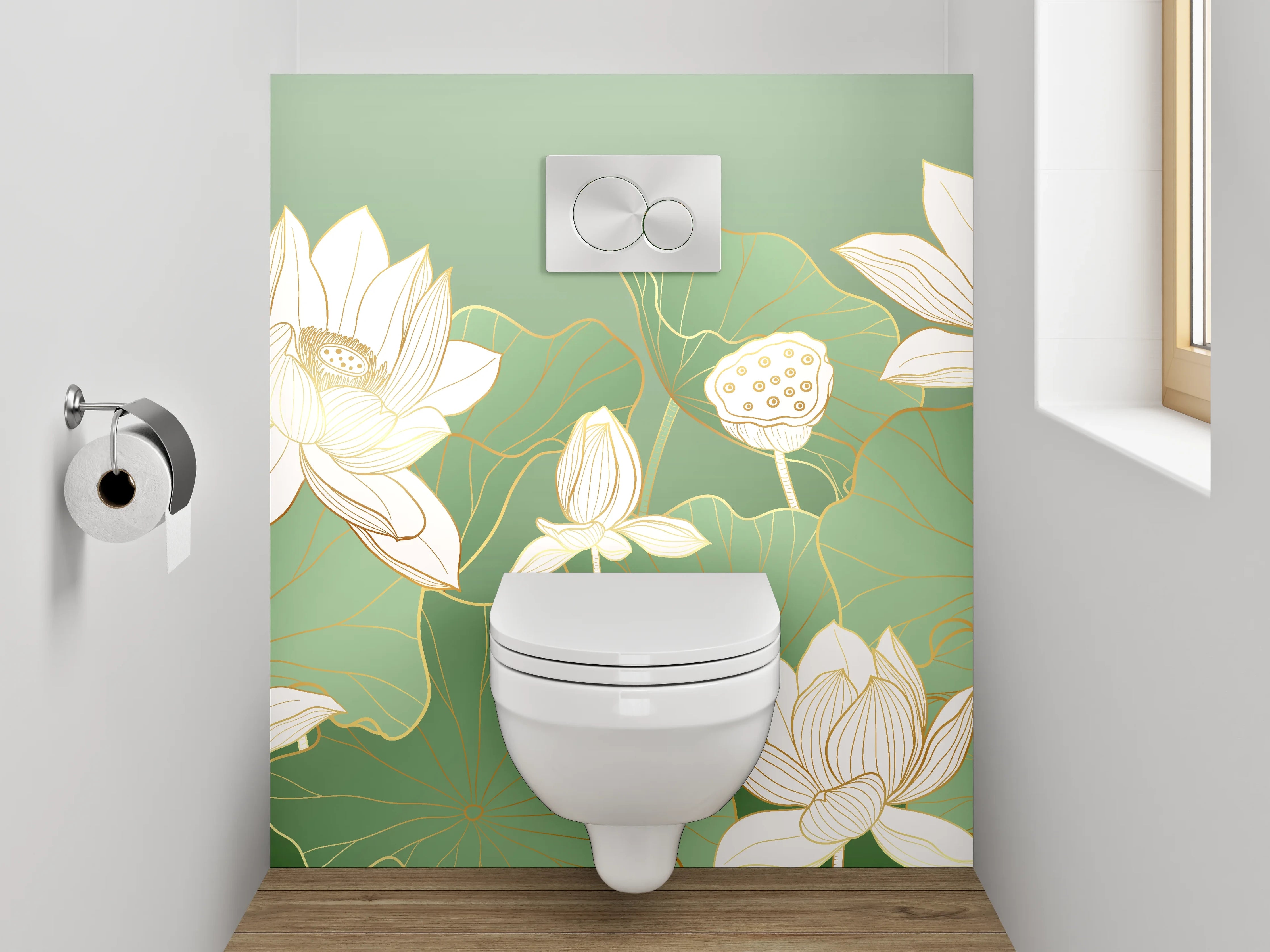 WC-Rückwand - Elegante Lotusblüten Aquarell auf Grün