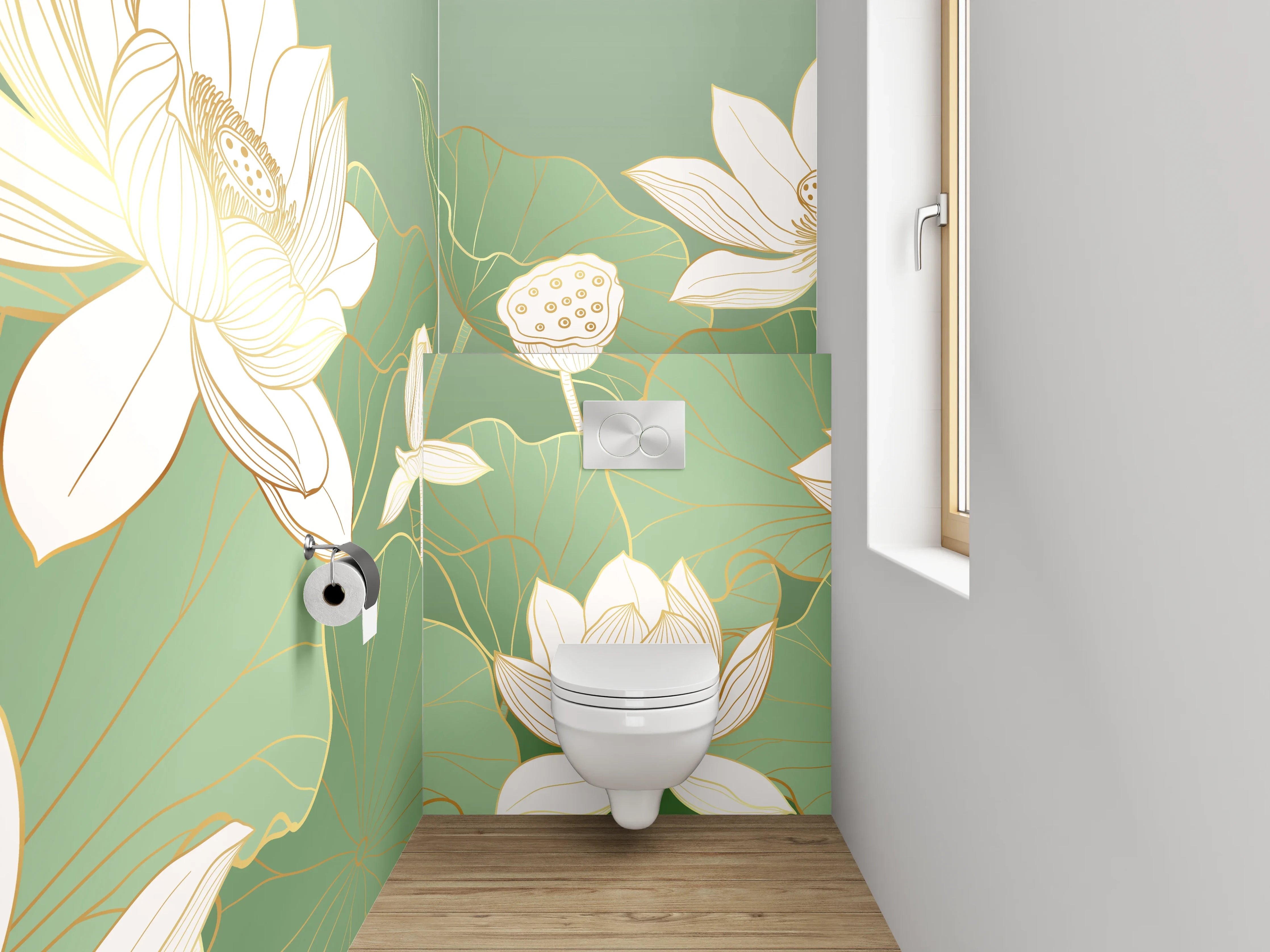 WC-Rückwand - Elegante Lotusblüten Aquarell auf Grün