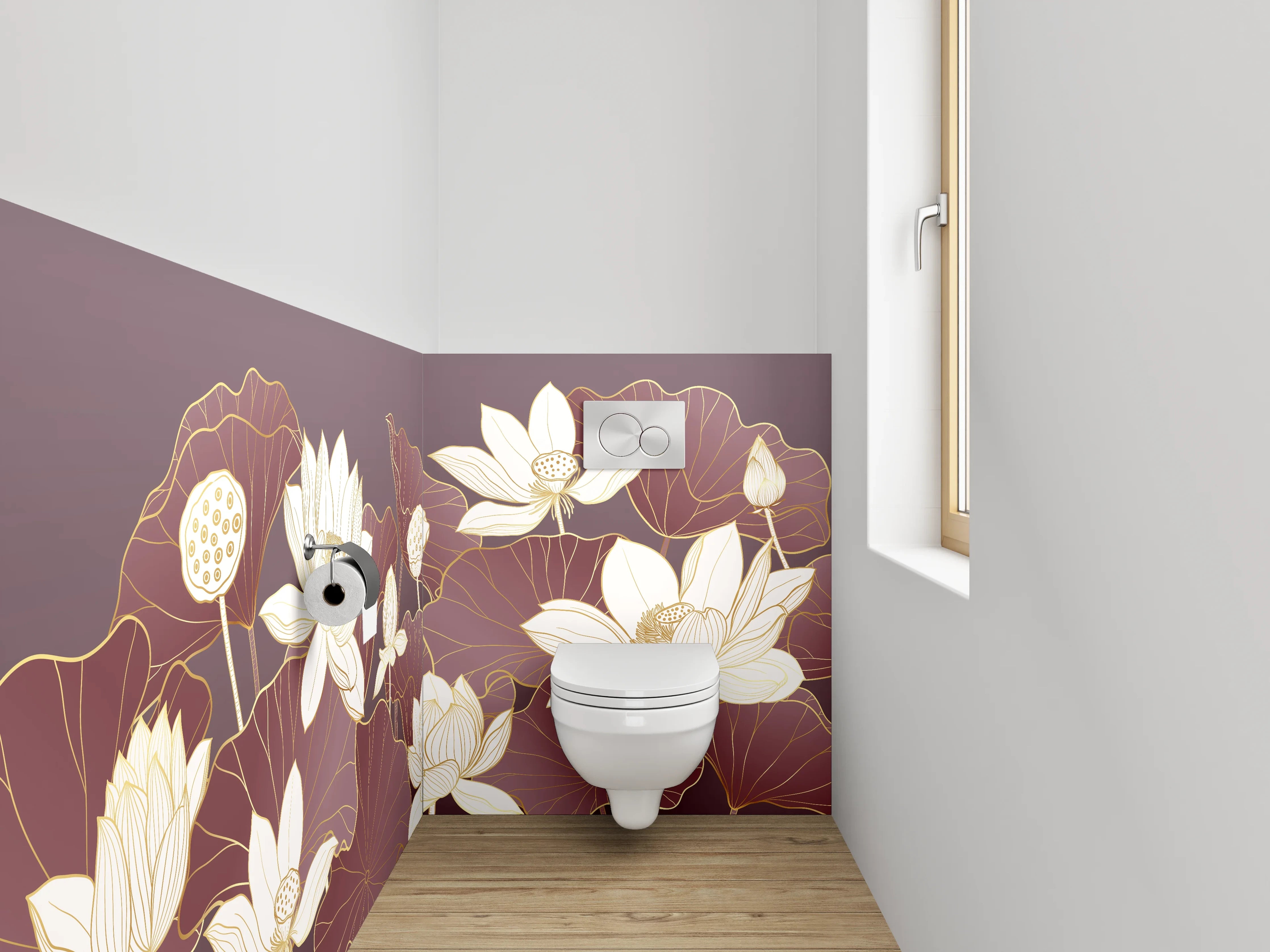 WC-Rückwand - Elegante Lotusblüten Illustration auf Lila