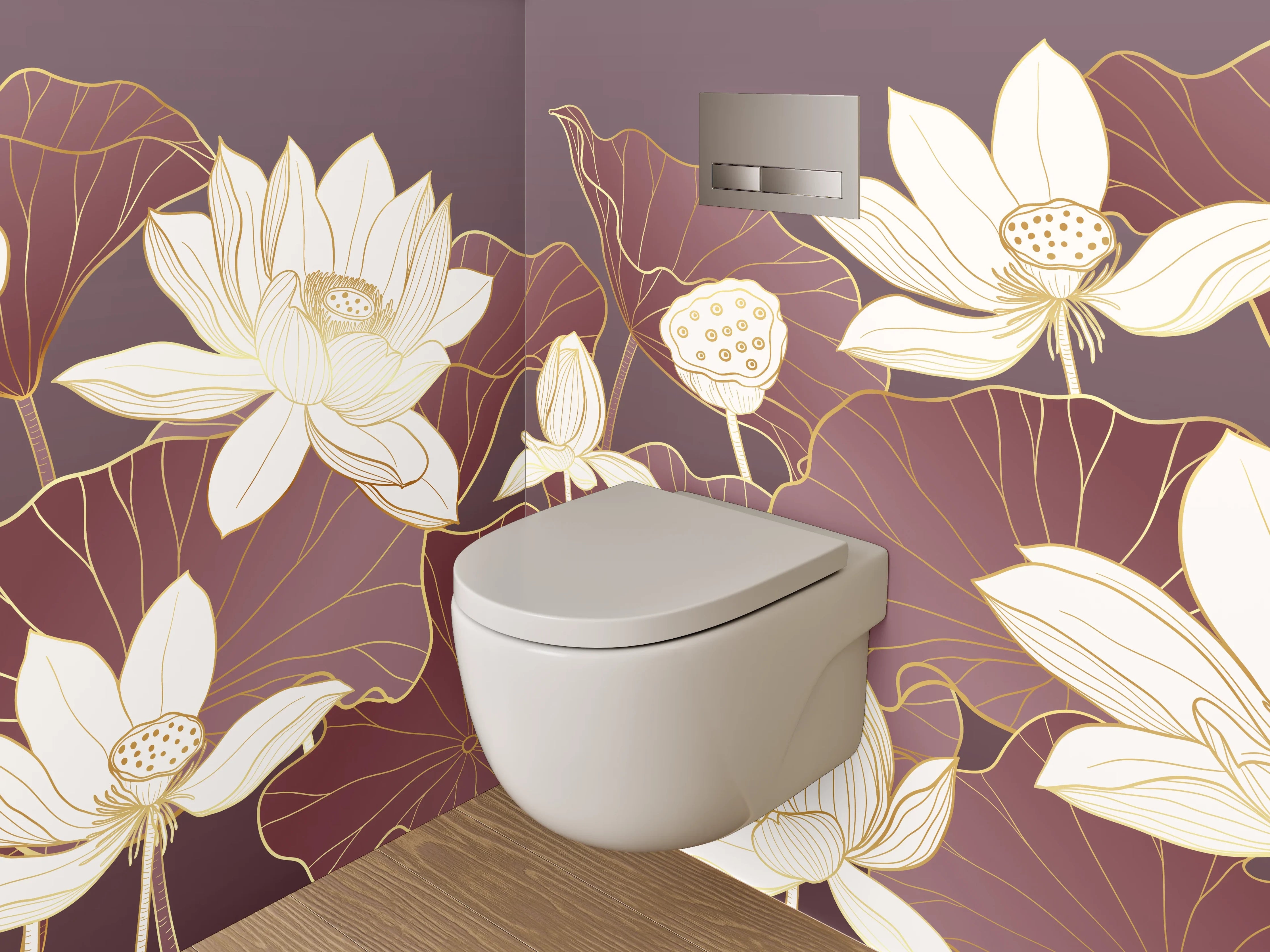 WC-Rückwand - Elegante Lotusblüten Illustration auf Lila