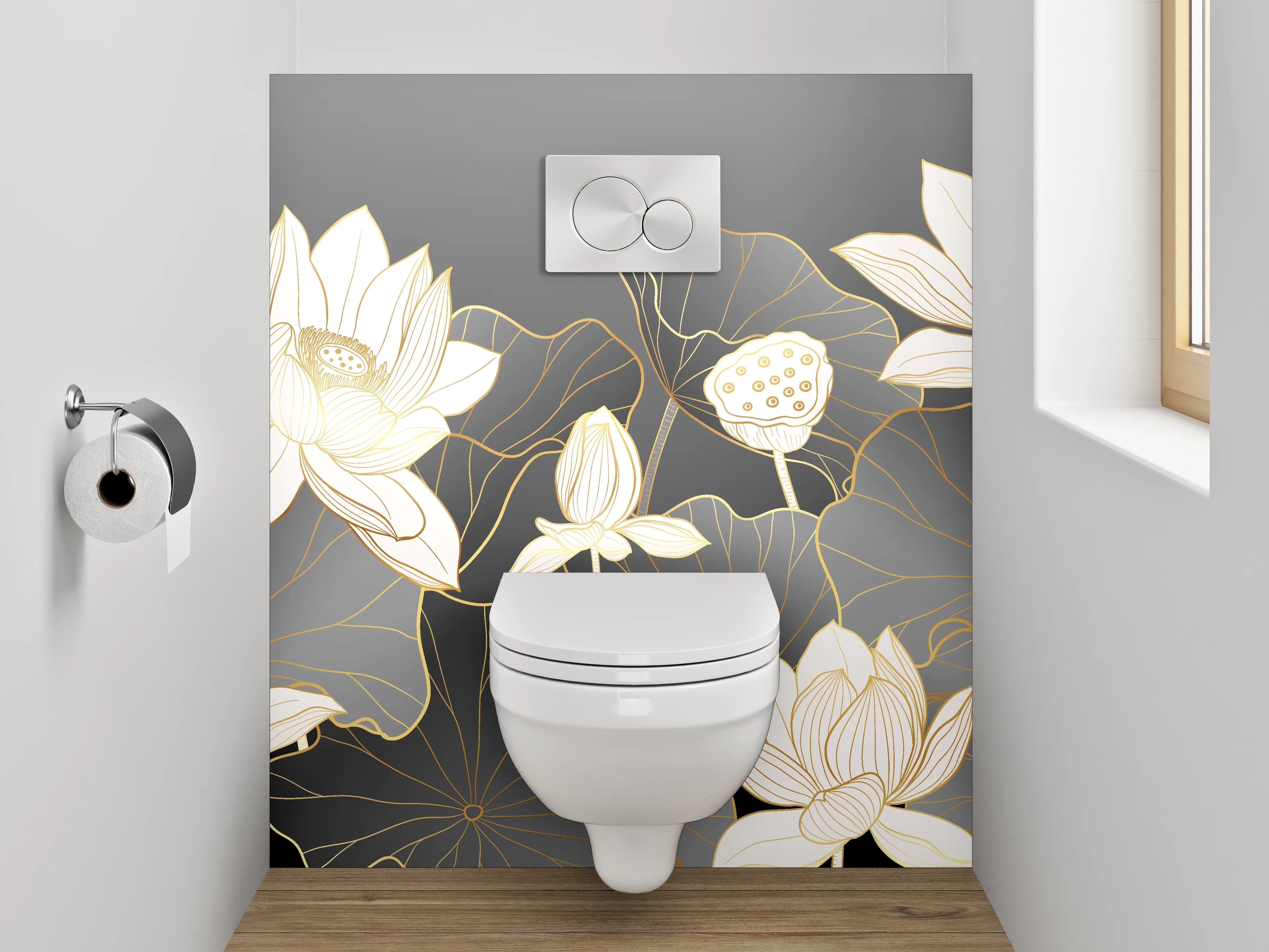 WC-Rückwand - Elegante Lotusblüten Lineart auf Grau