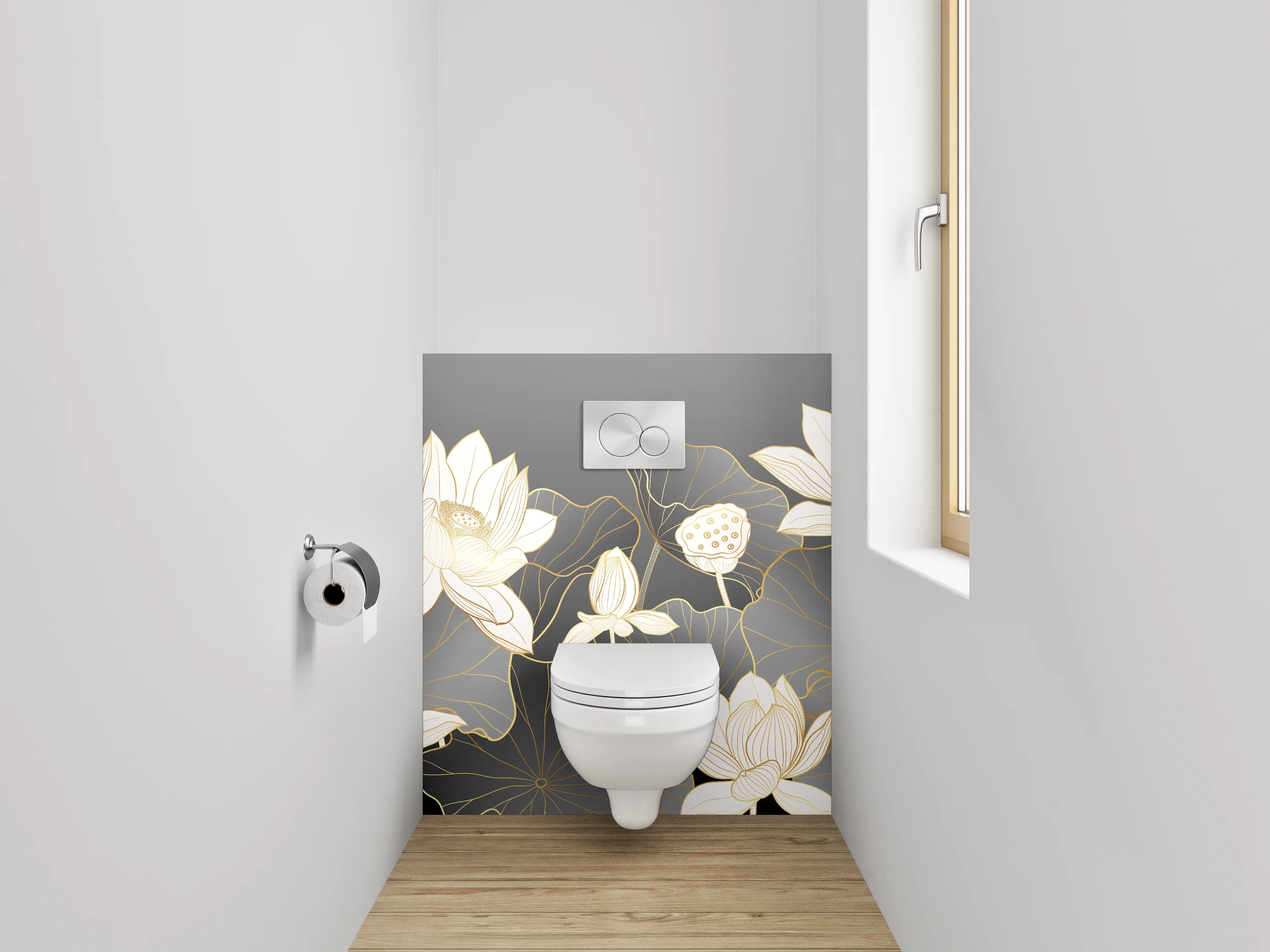 WC-Rückwand - Elegante Lotusblüten Lineart auf Grau