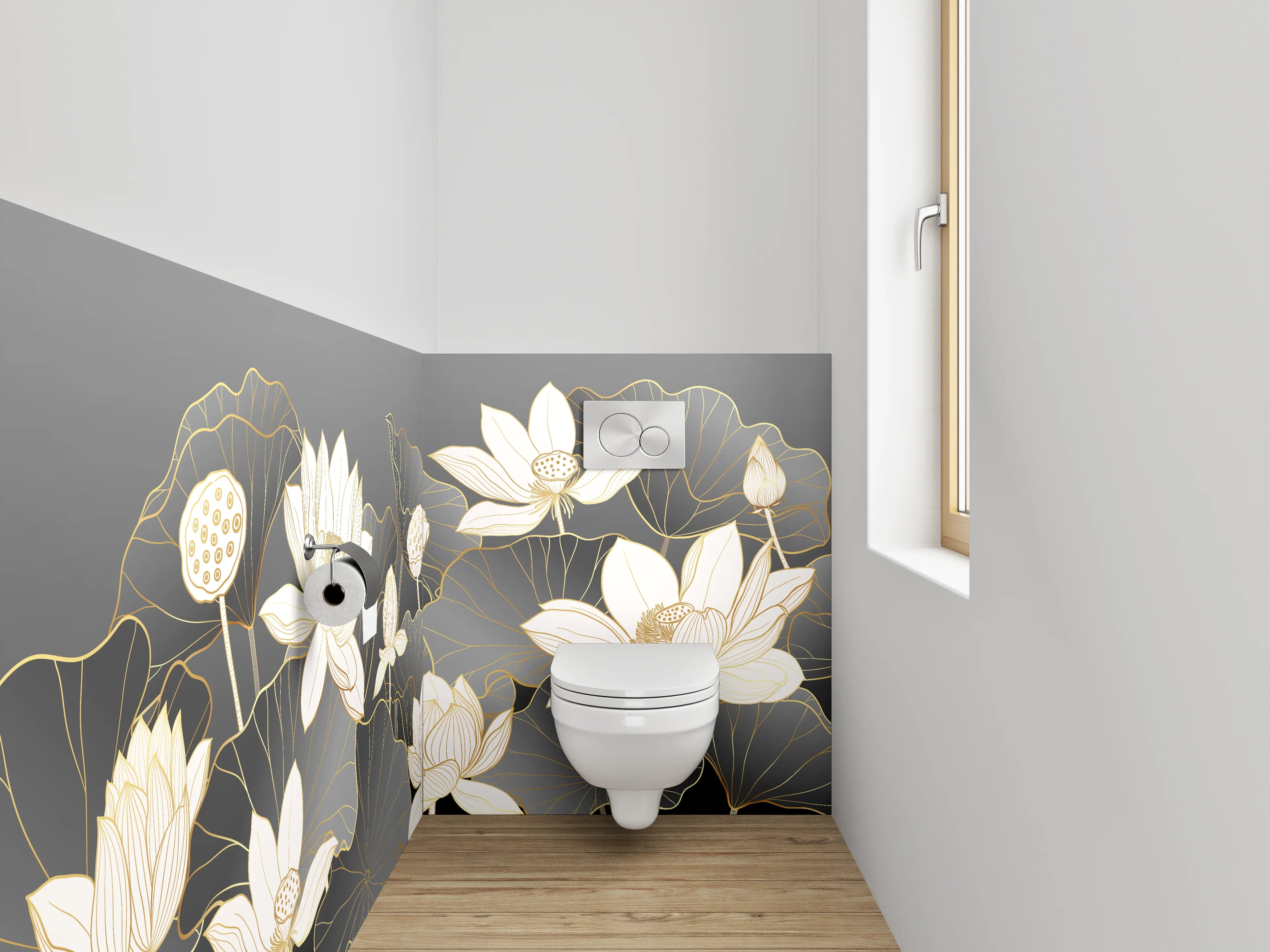 WC-Rückwand - Elegante Lotusblüten Lineart auf Grau
