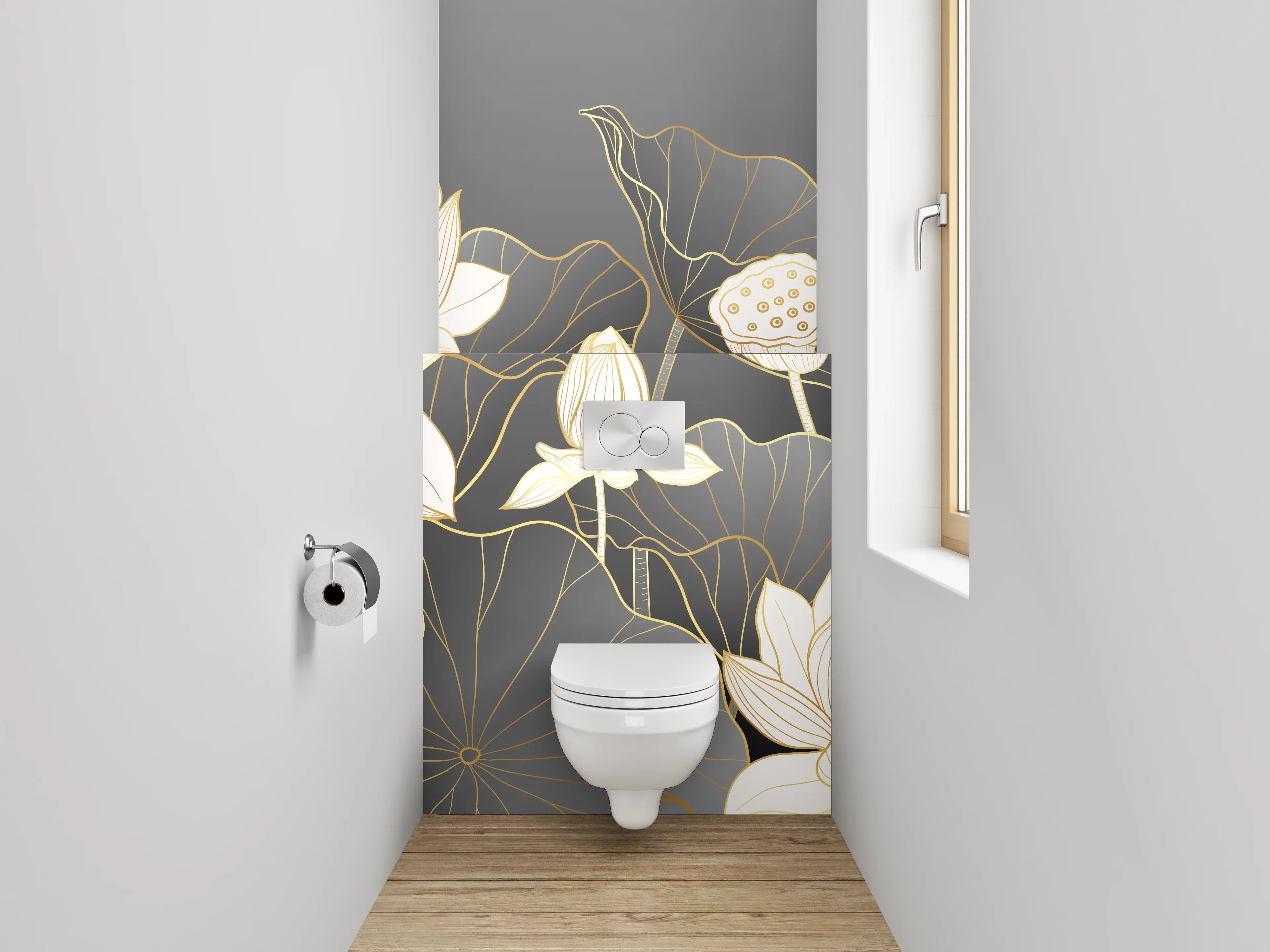 WC-Rückwand - Elegante Lotusblüten Lineart auf Grau