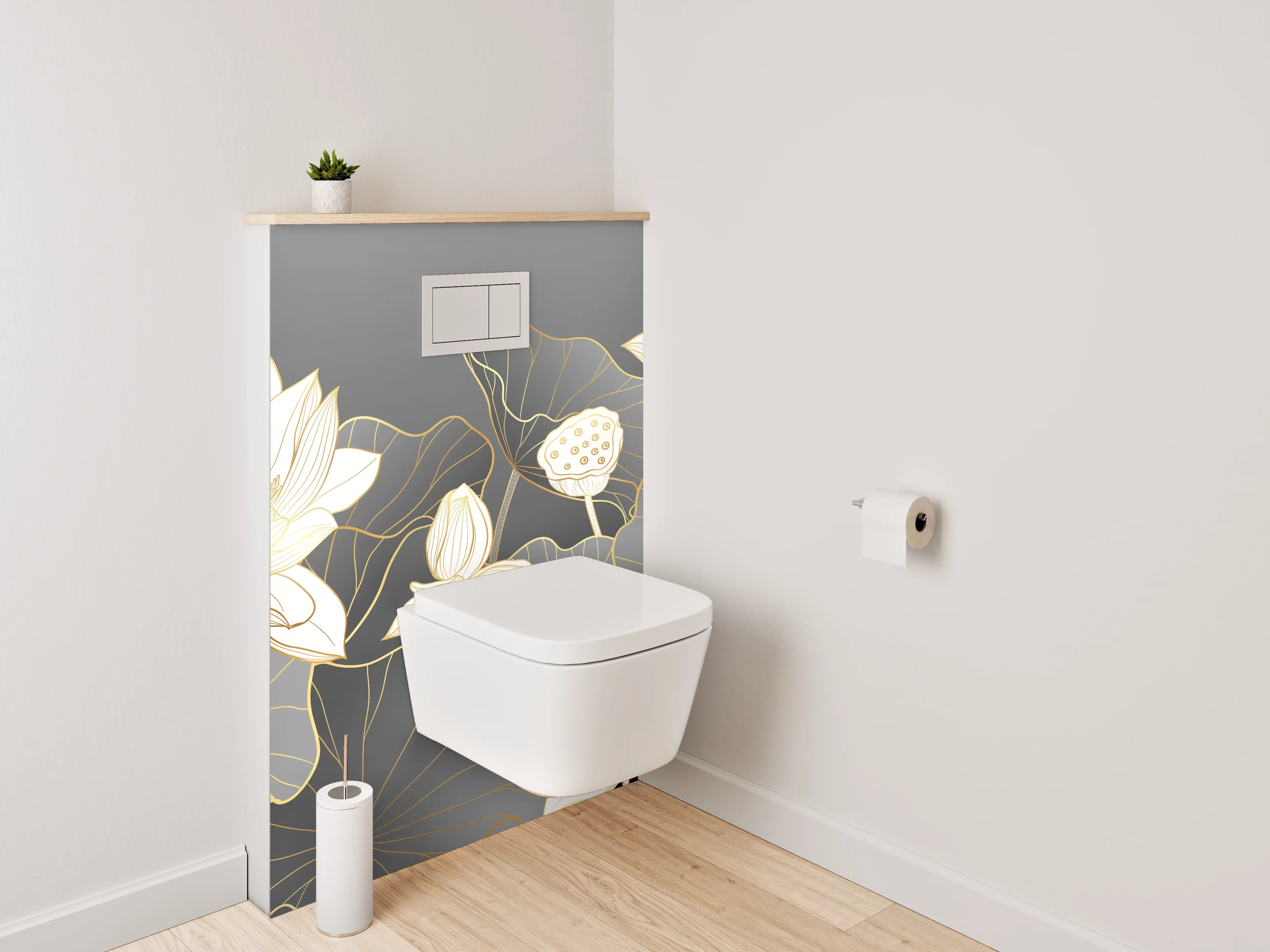 WC-Rückwand - Elegante Lotusblüten Lineart auf Grau