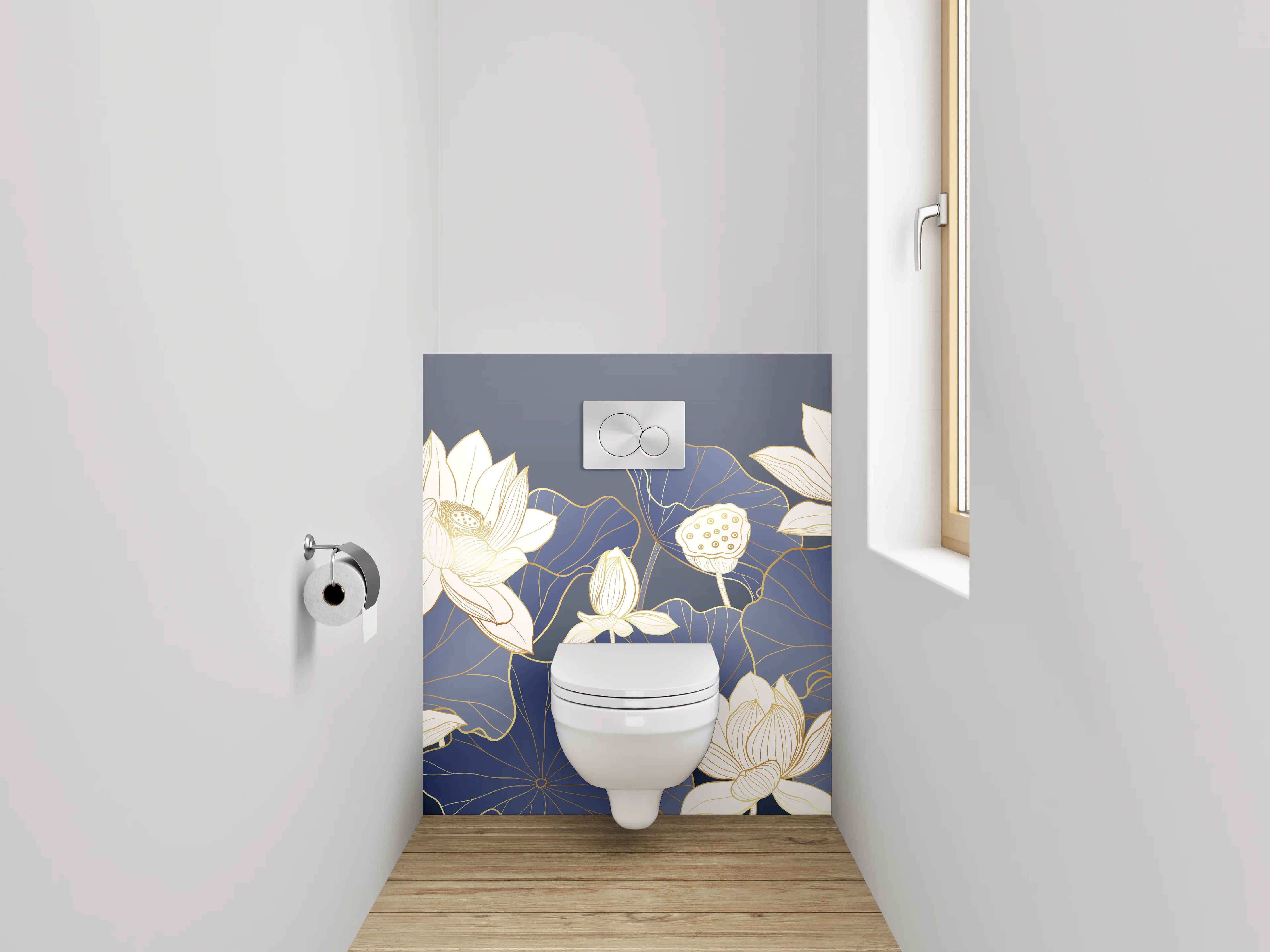 WC-Rückwand - Elegante Lotusblüten auf Mitternachtsblau