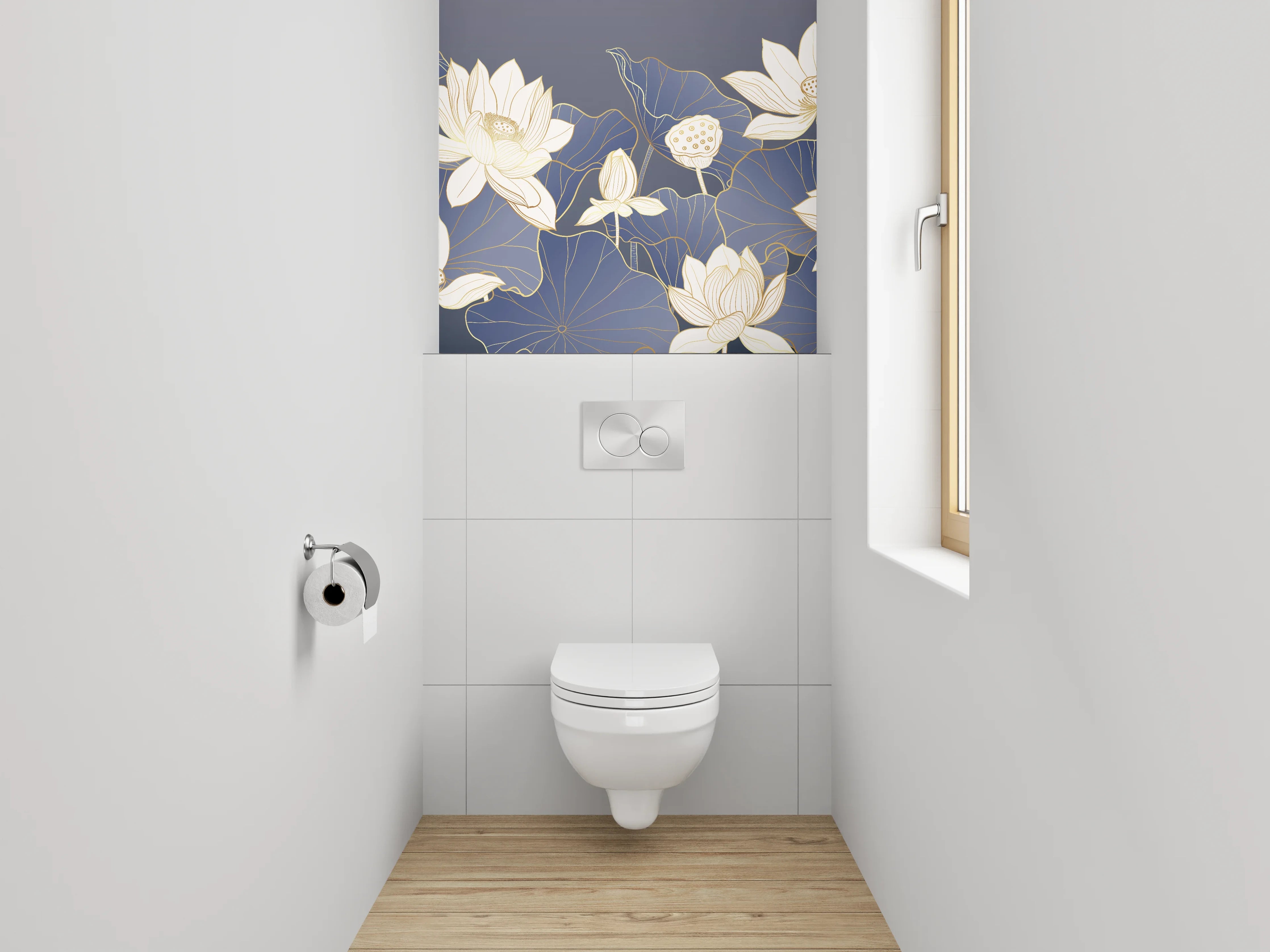 WC-Rückwand - Elegante Lotusblüten auf Mitternachtsblau