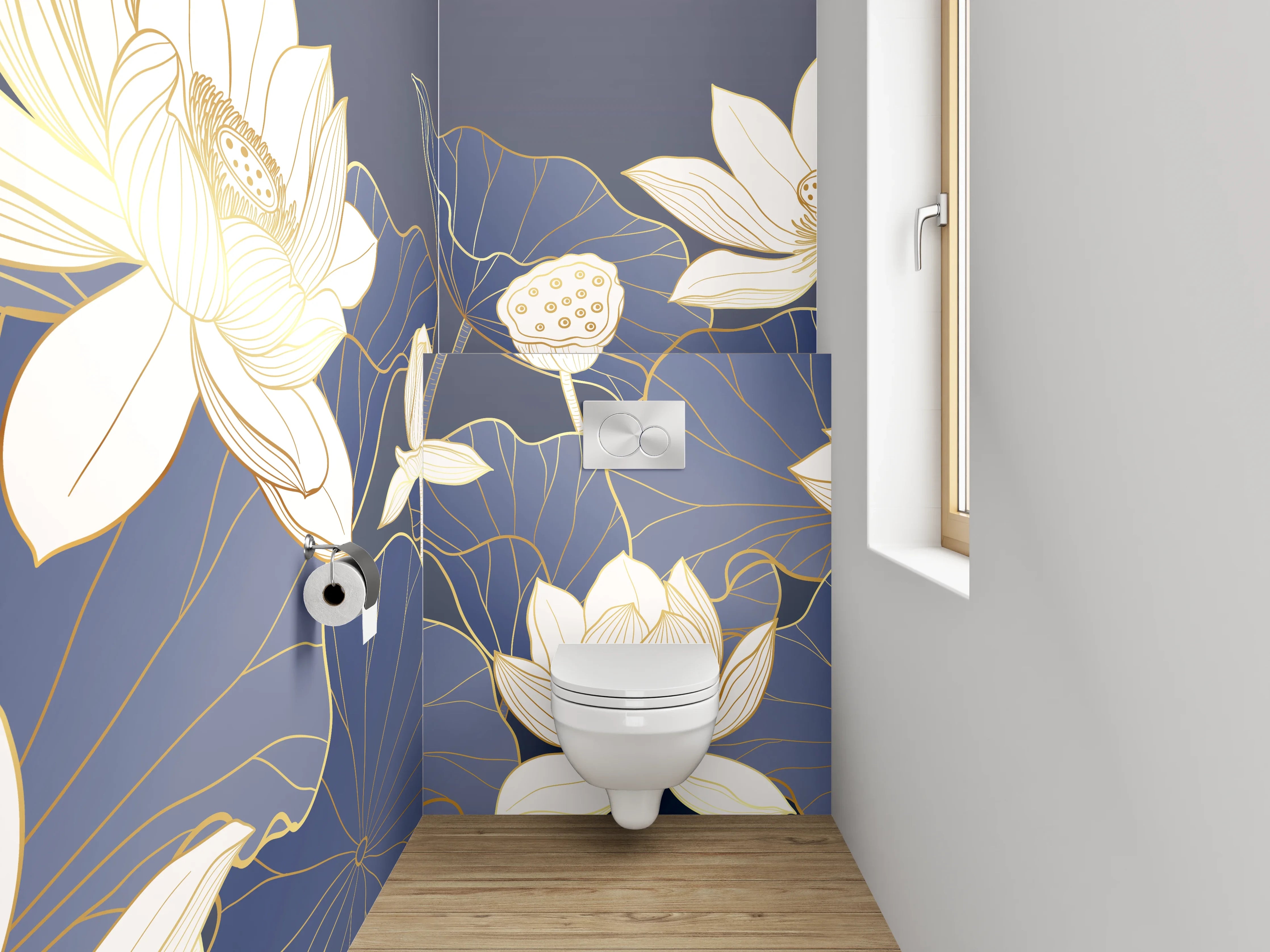 WC-Rückwand - Elegante Lotusblüten auf Mitternachtsblau