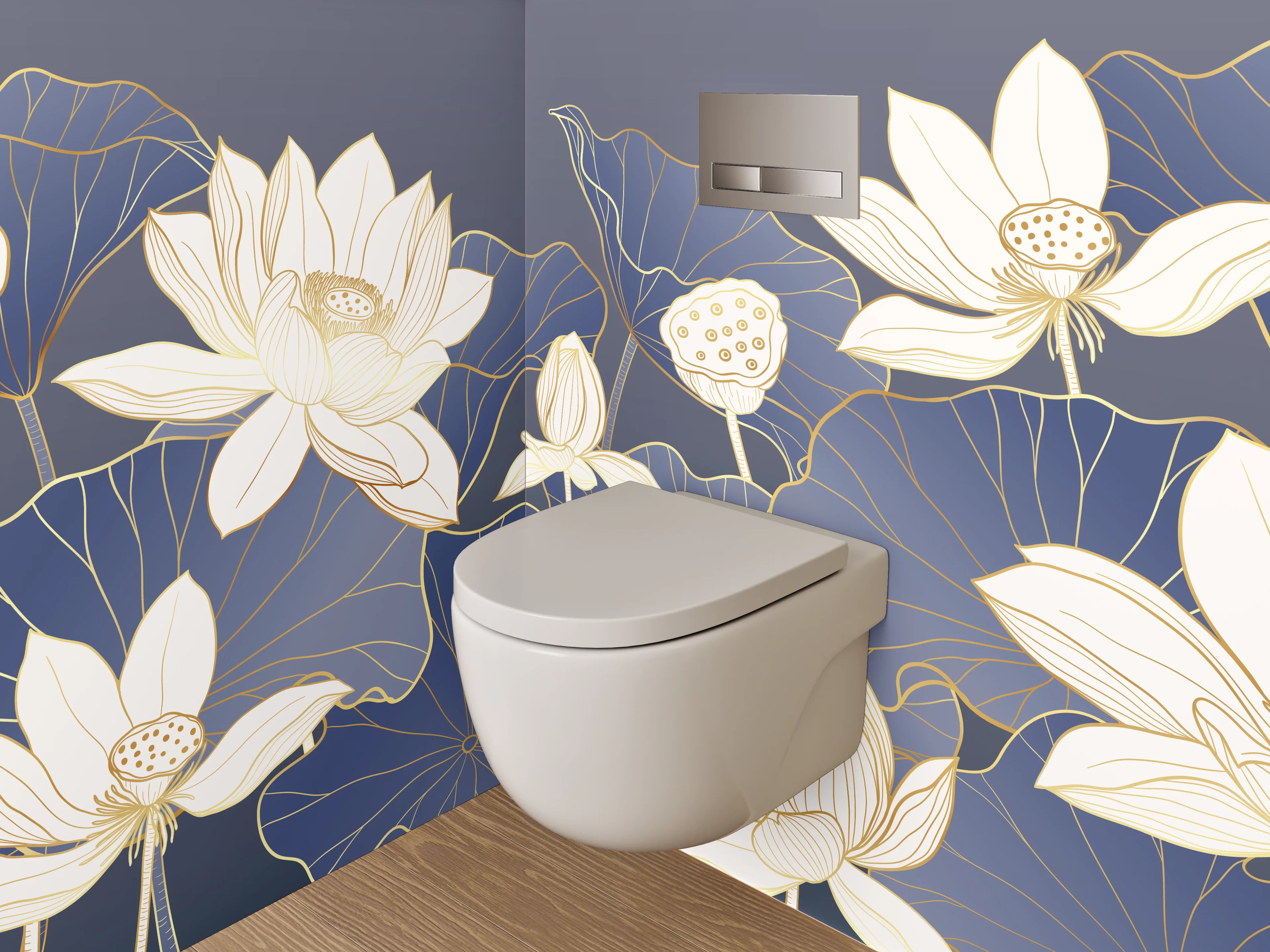 WC-Rückwand - Elegante Lotusblüten auf Mitternachtsblau