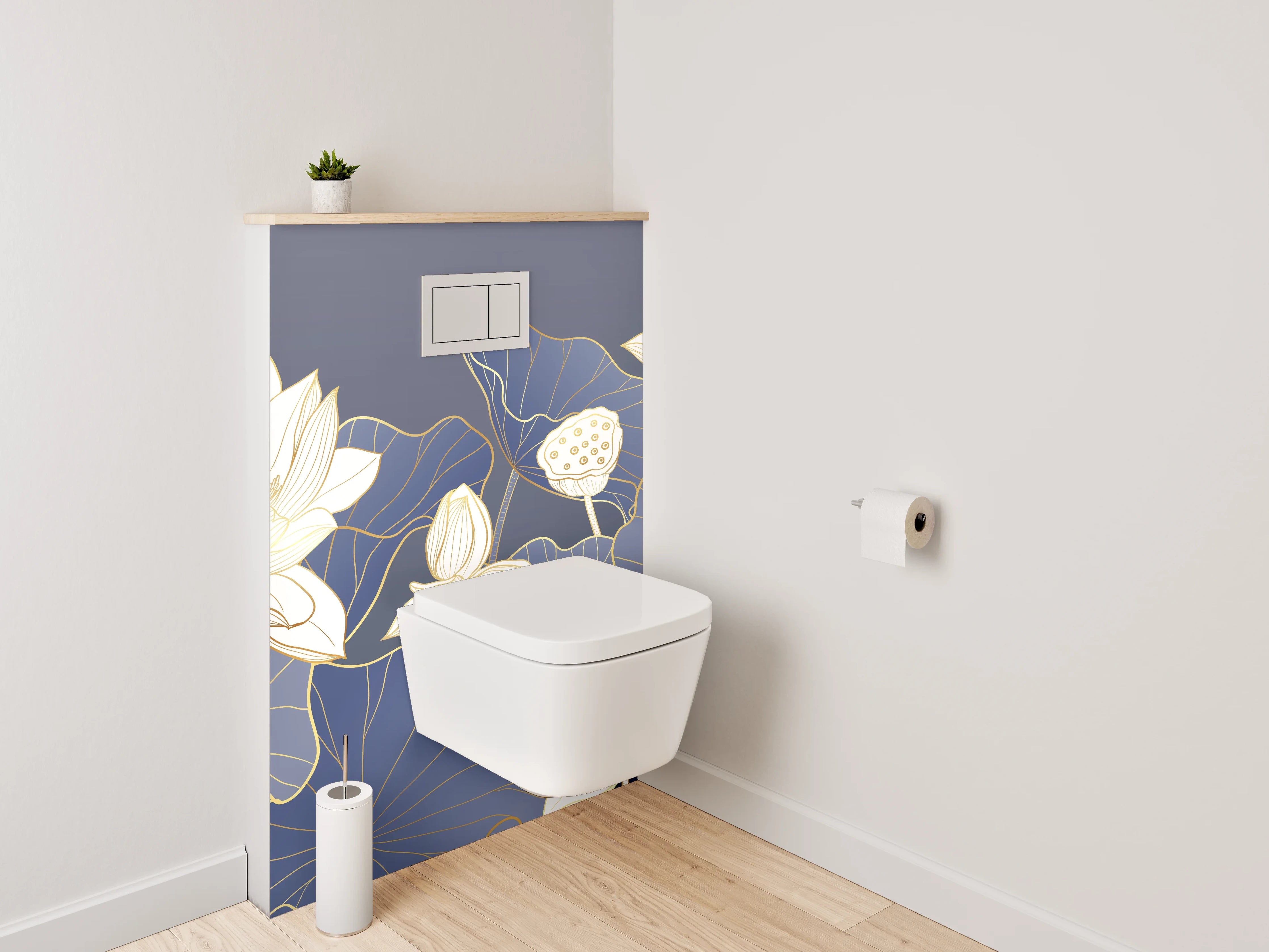 WC-Rückwand - Elegante Lotusblüten auf Mitternachtsblau