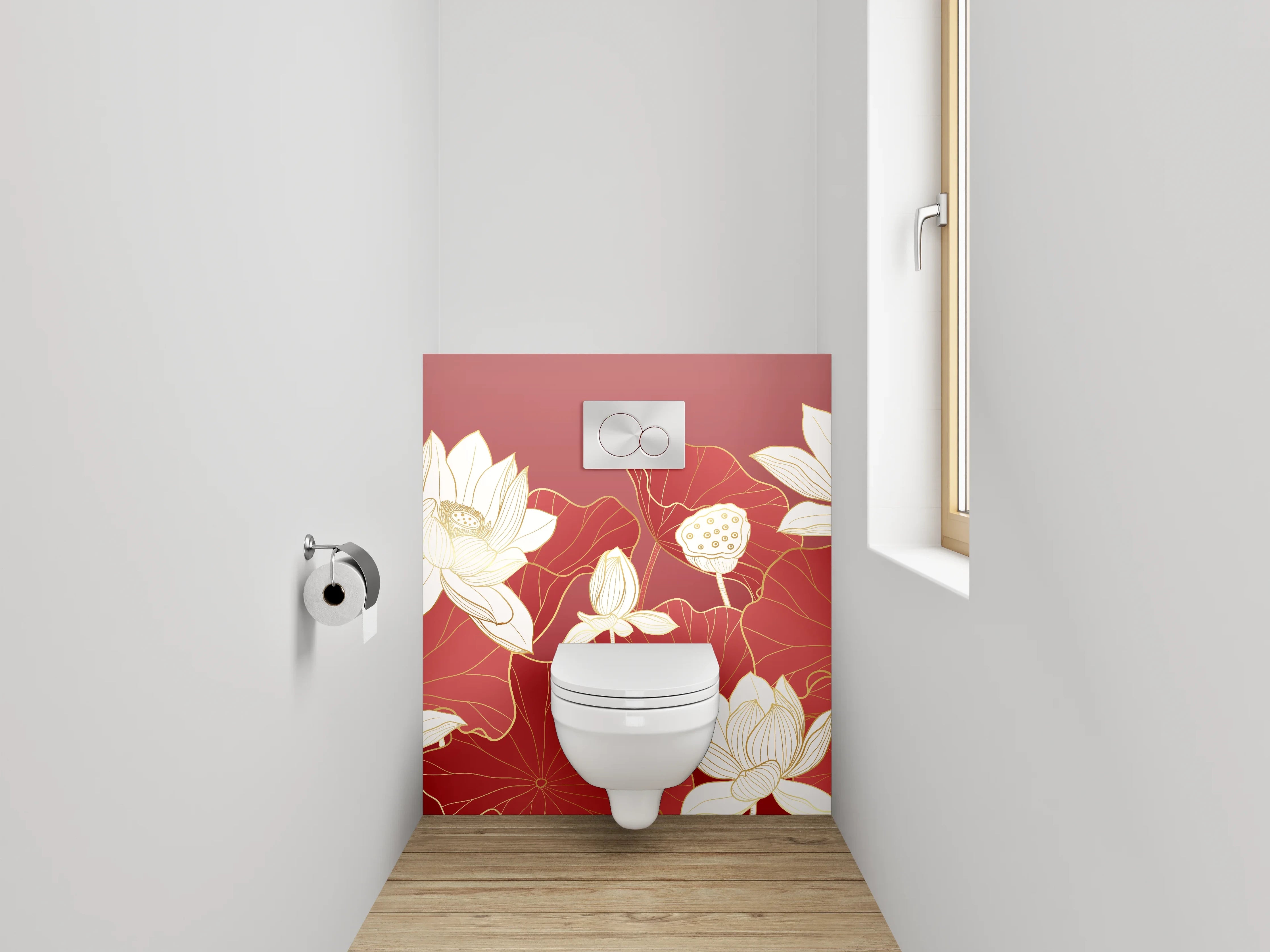 WC-Rückwand - Elegante Lotusblüten auf Rot
