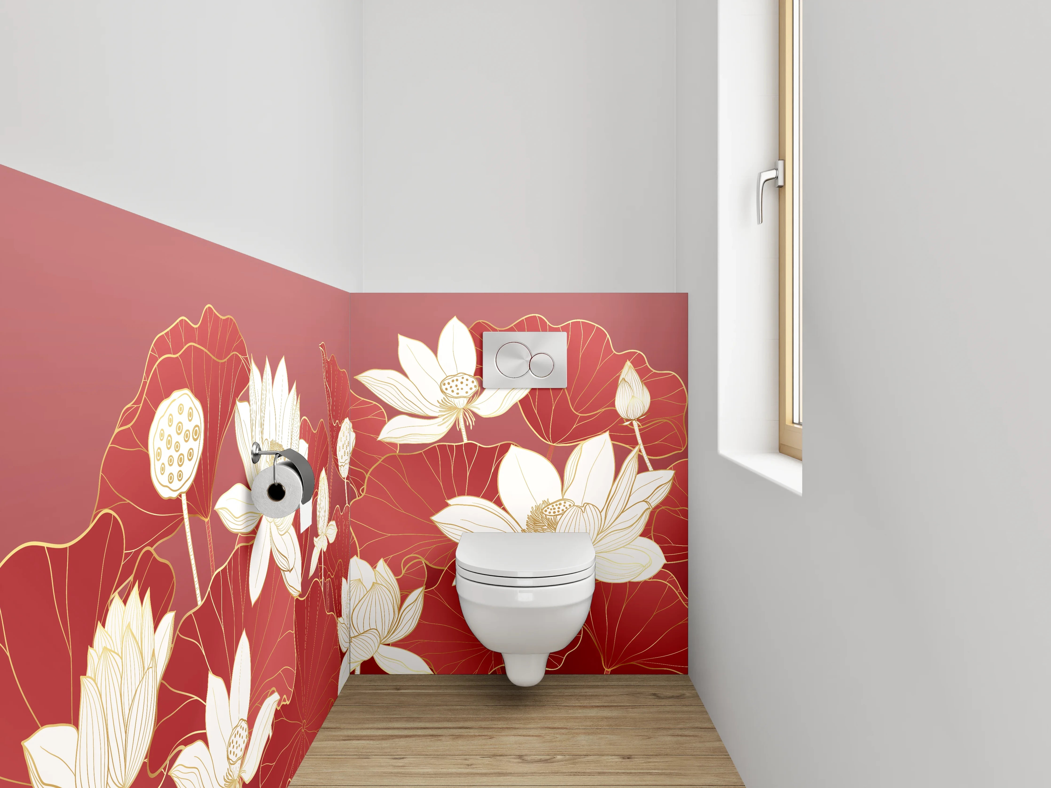 WC-Rückwand - Elegante Lotusblüten auf Rot