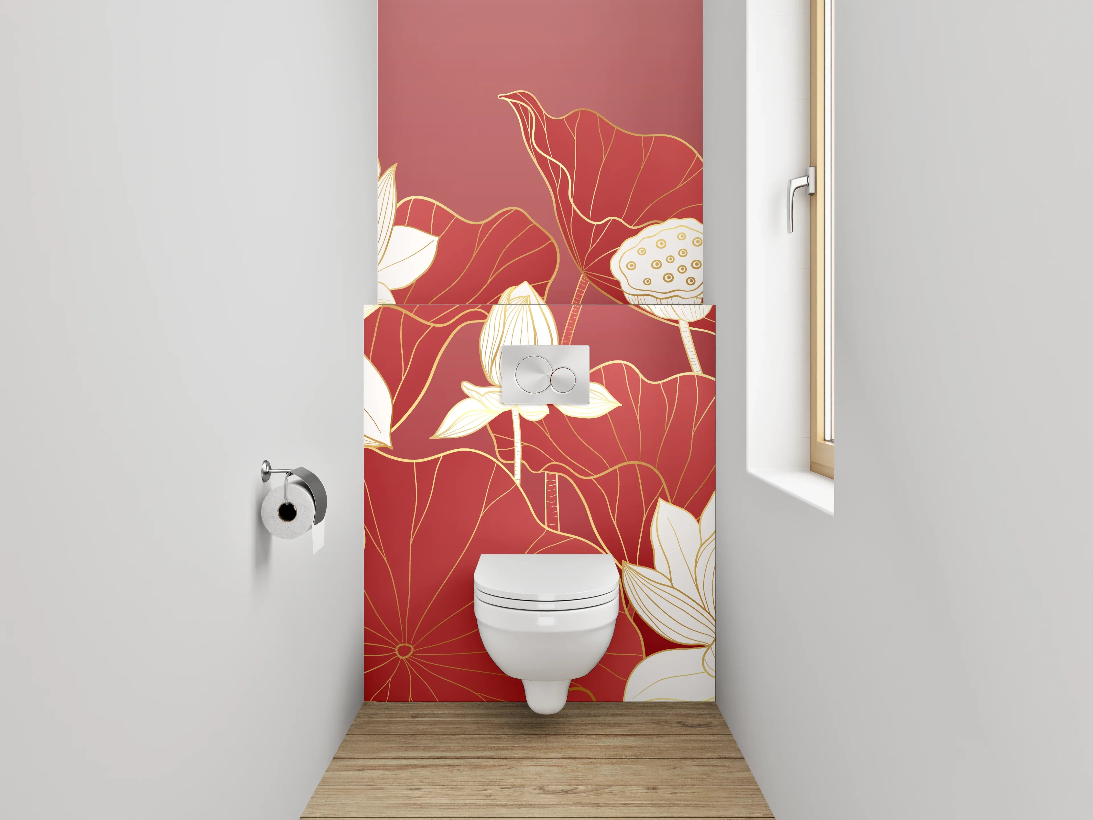WC-Rückwand - Elegante Lotusblüten auf Rot