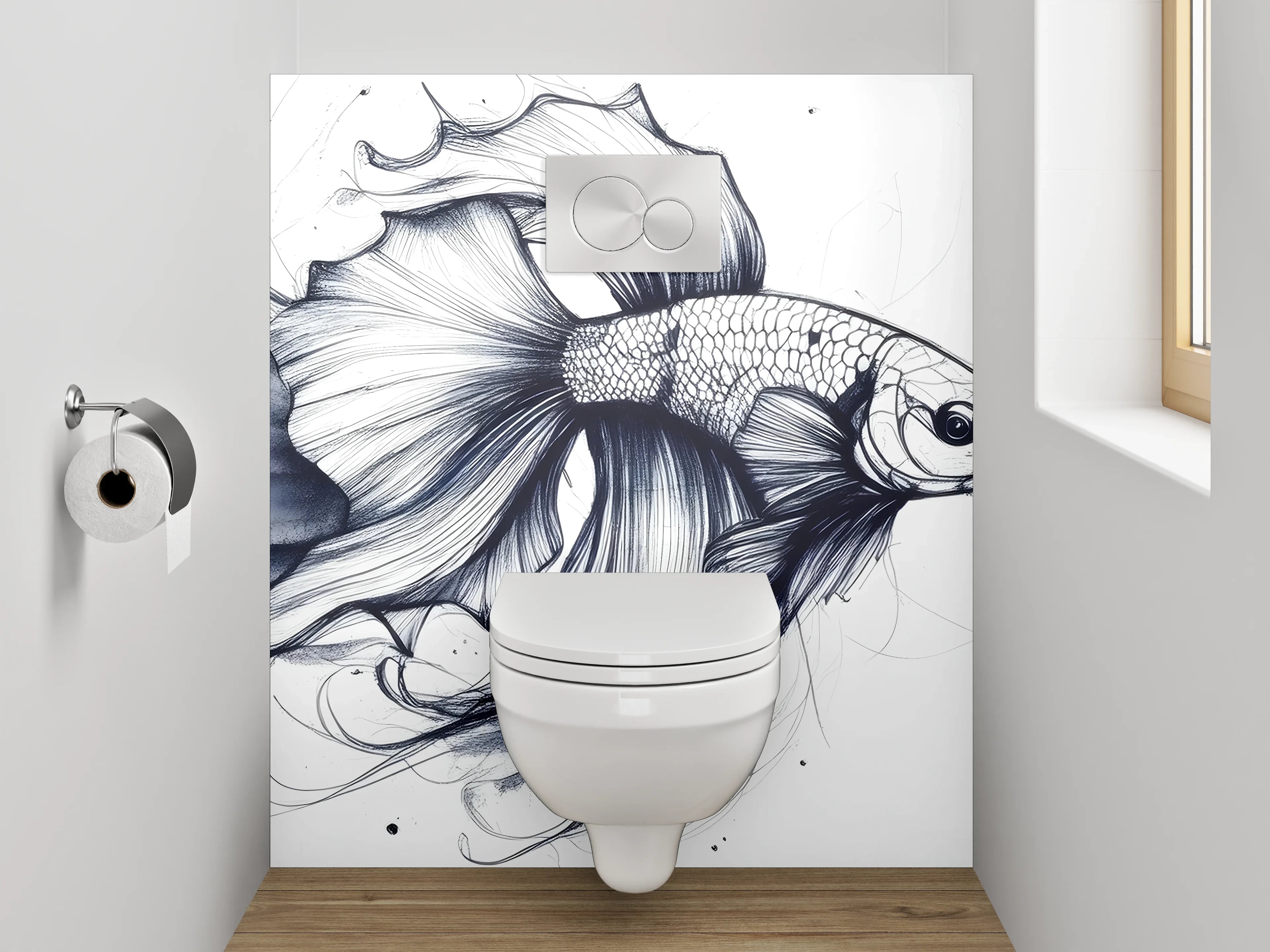 WC-Rückwand - Elegante Schwarz-Weiß-Kampffisch Lineart