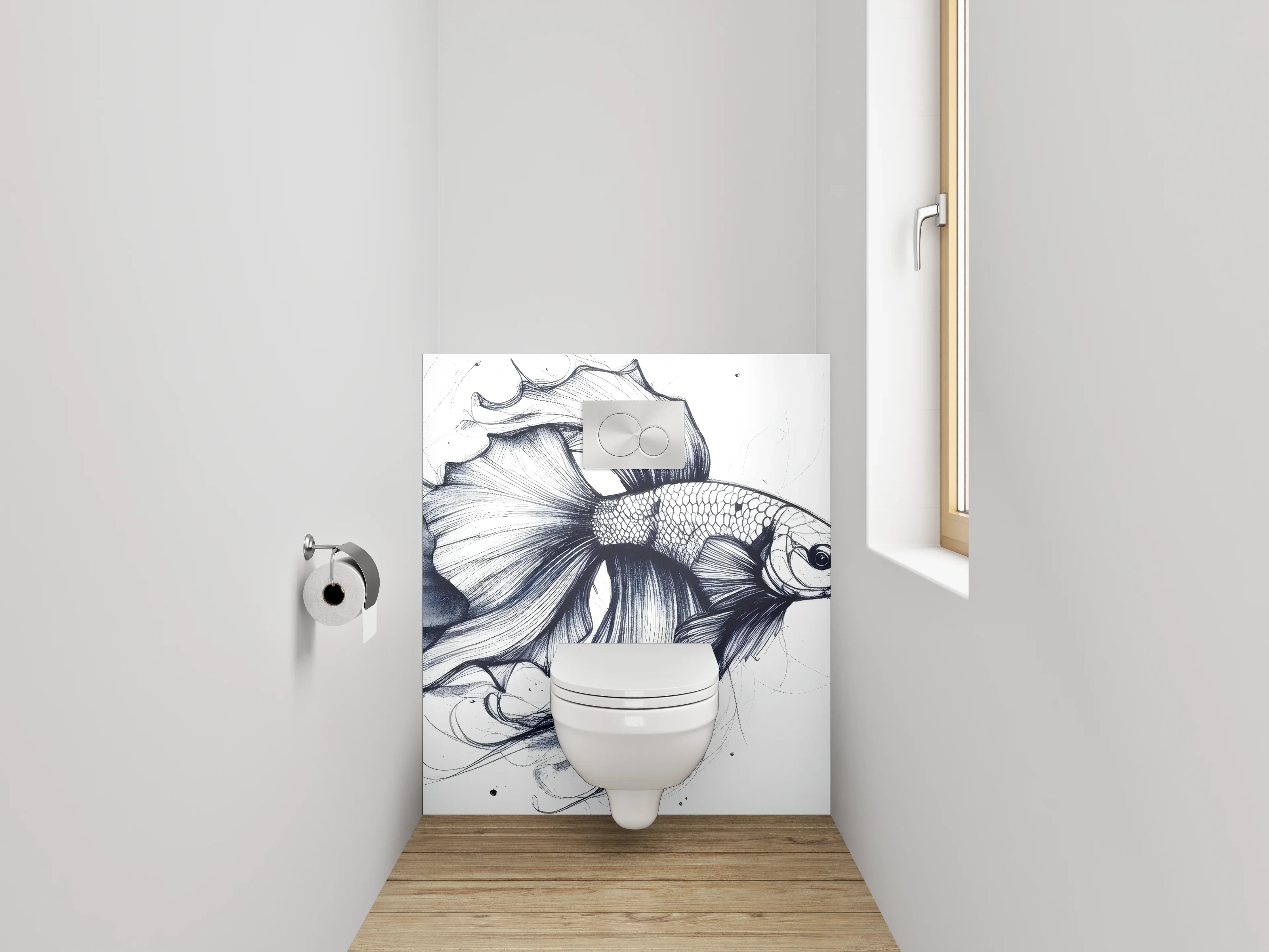 WC-Rückwand - Elegante Schwarz-Weiß-Kampffisch Lineart