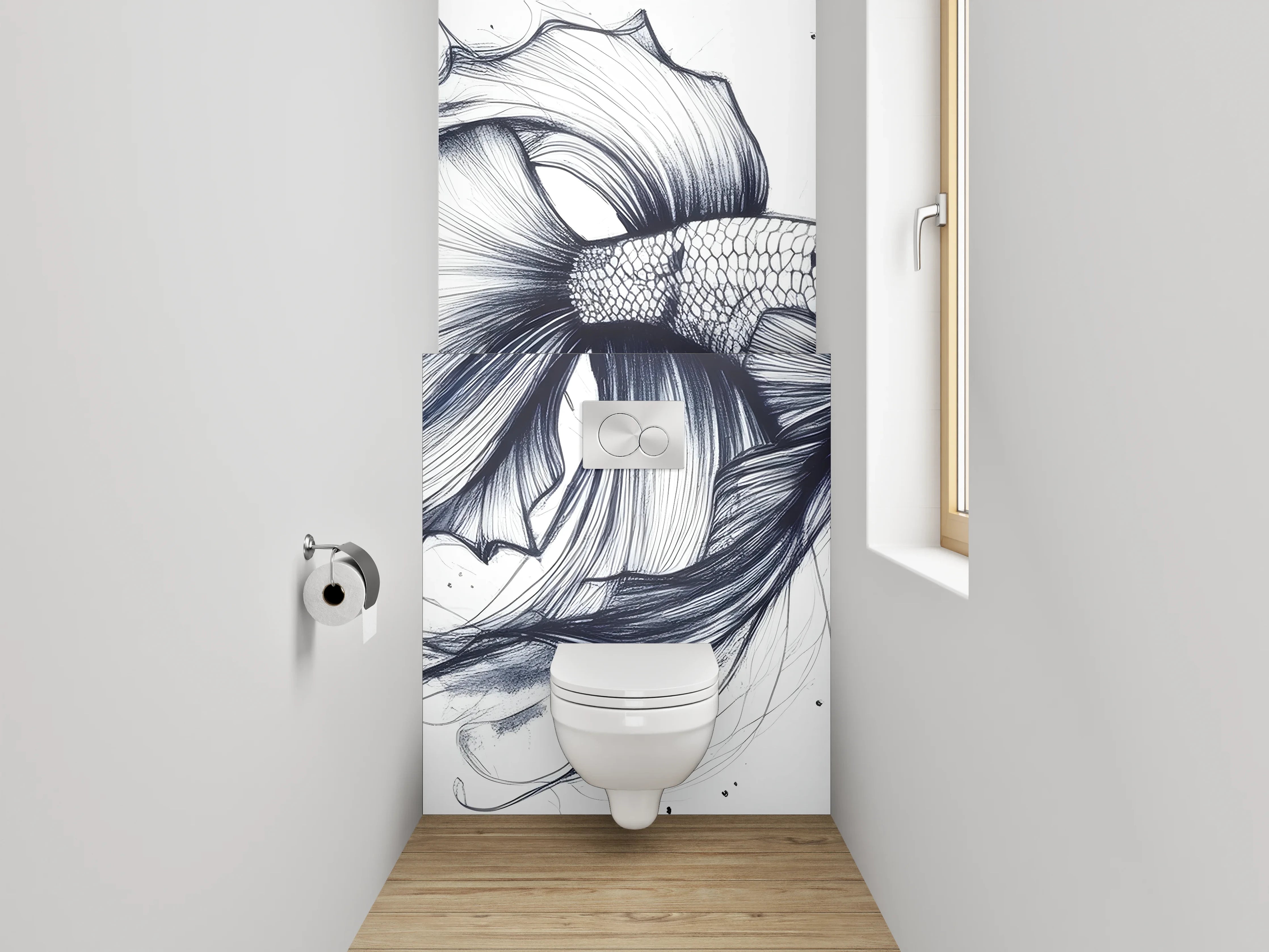 WC-Rückwand - Elegante Schwarz-Weiß-Kampffisch Lineart