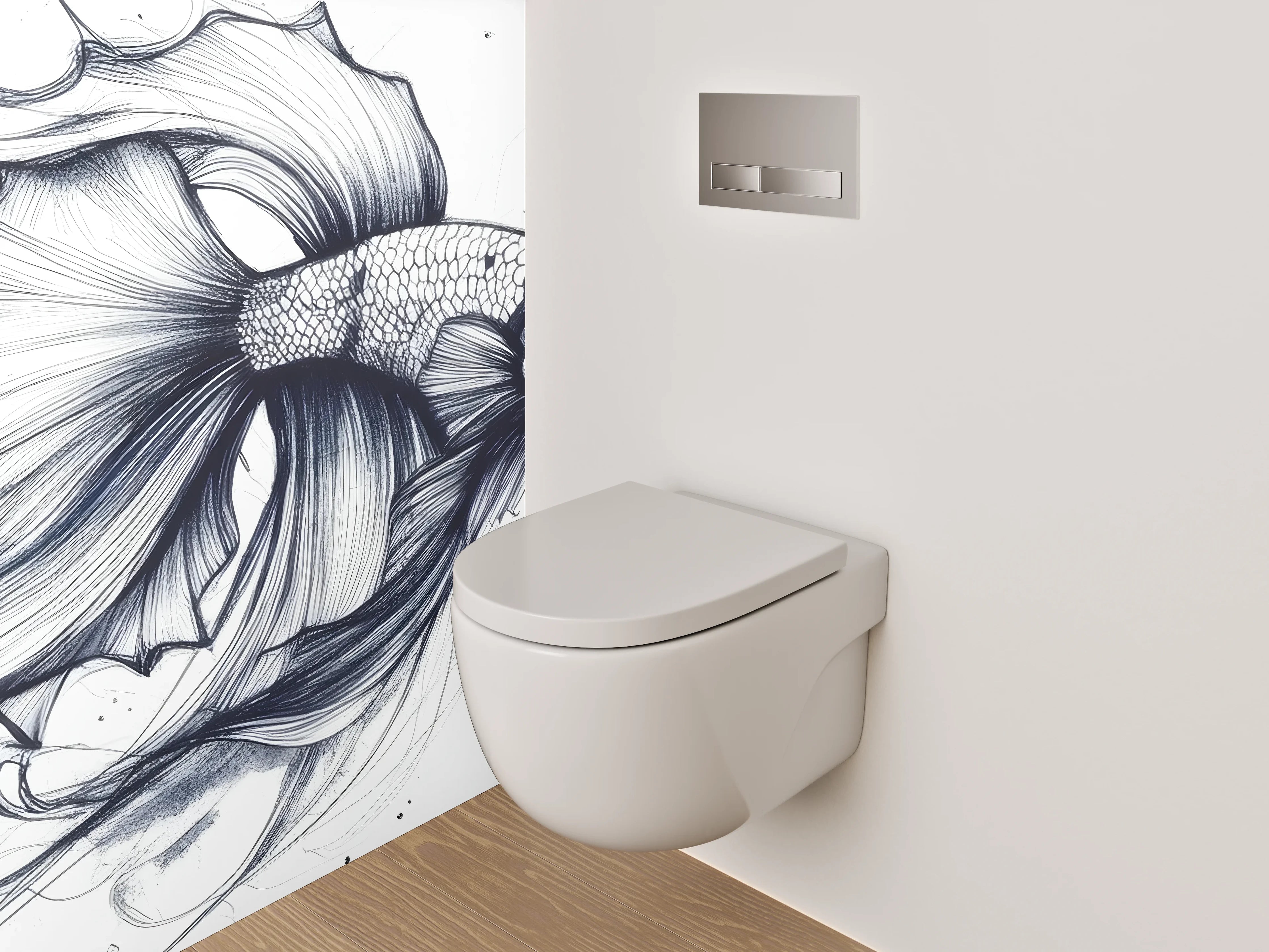 WC-Rückwand - Elegante Schwarz-Weiß-Kampffisch Lineart