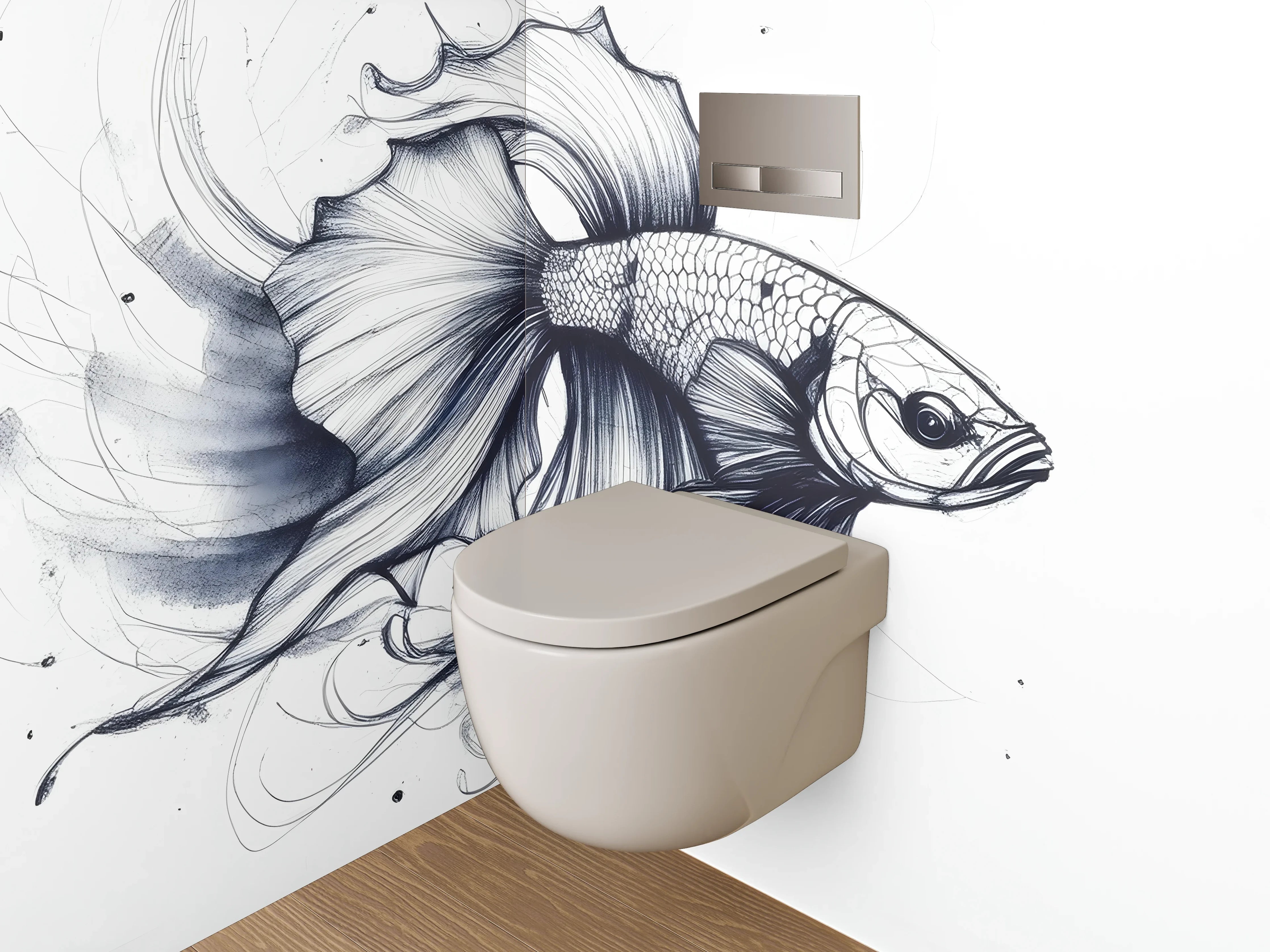 WC-Rückwand - Elegante Schwarz-Weiß-Kampffisch Lineart
