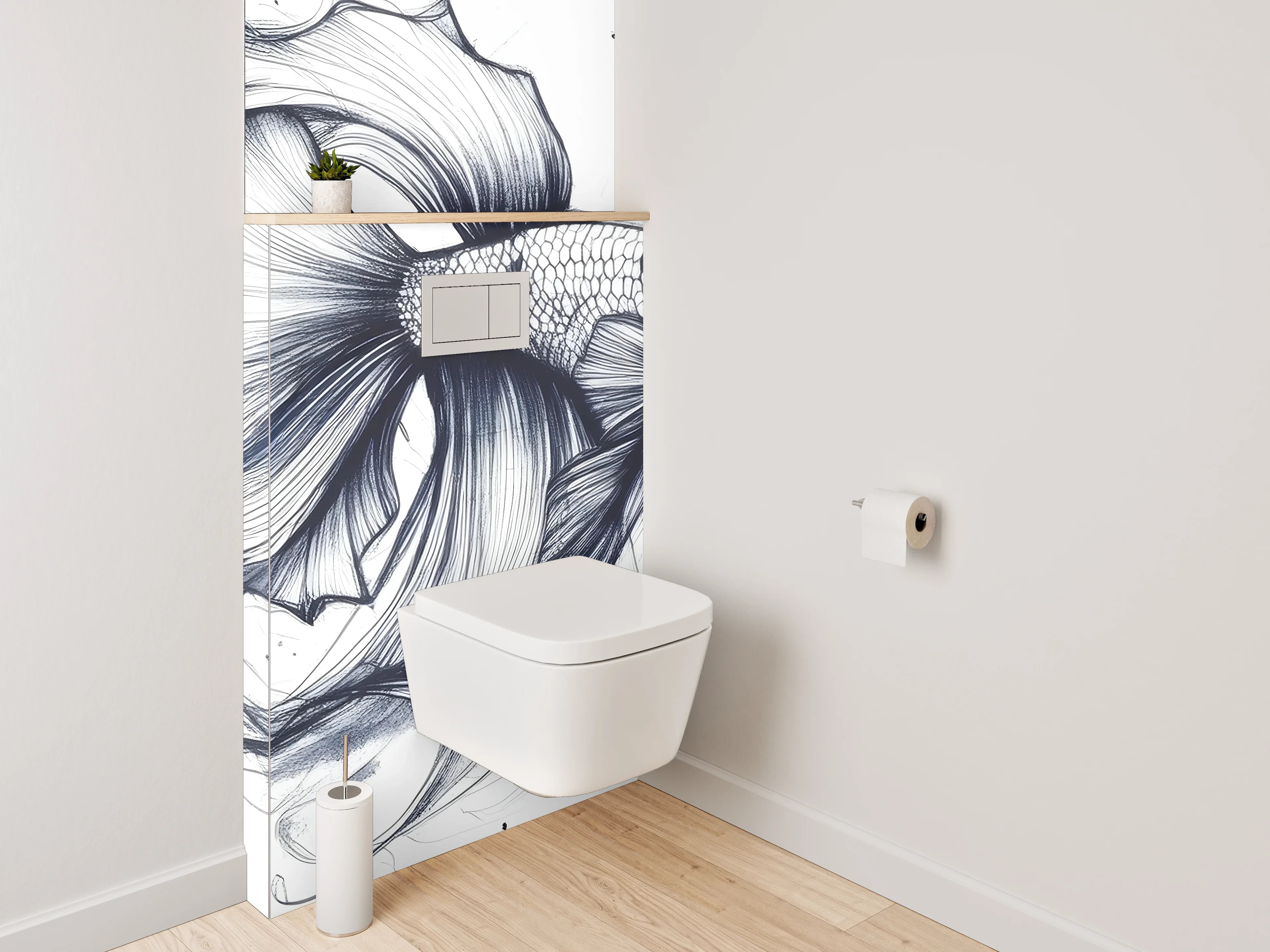 WC-Rückwand - Elegante Schwarz-Weiß-Kampffisch Lineart