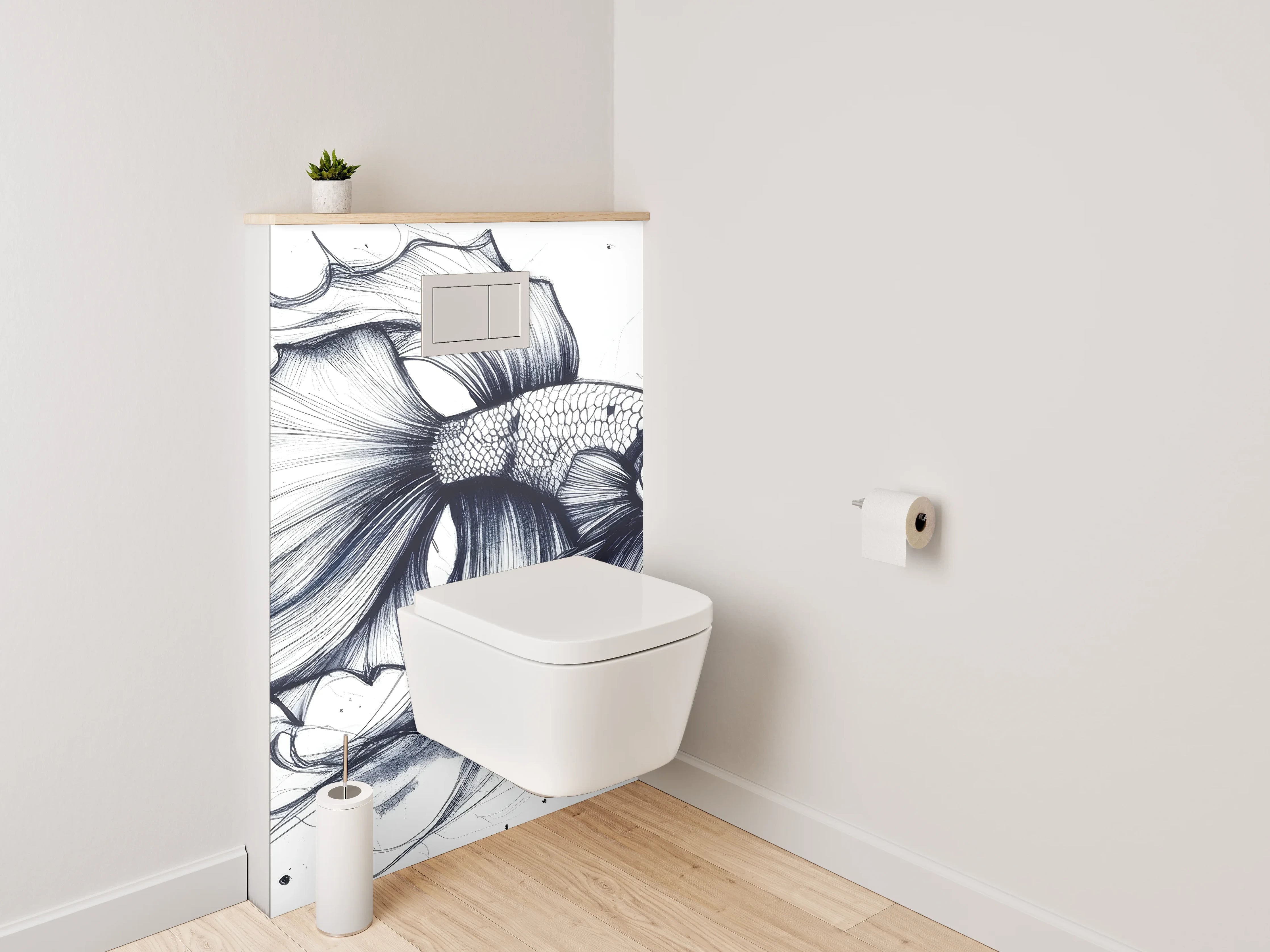 WC-Rückwand - Elegante Schwarz-Weiß-Kampffisch Lineart