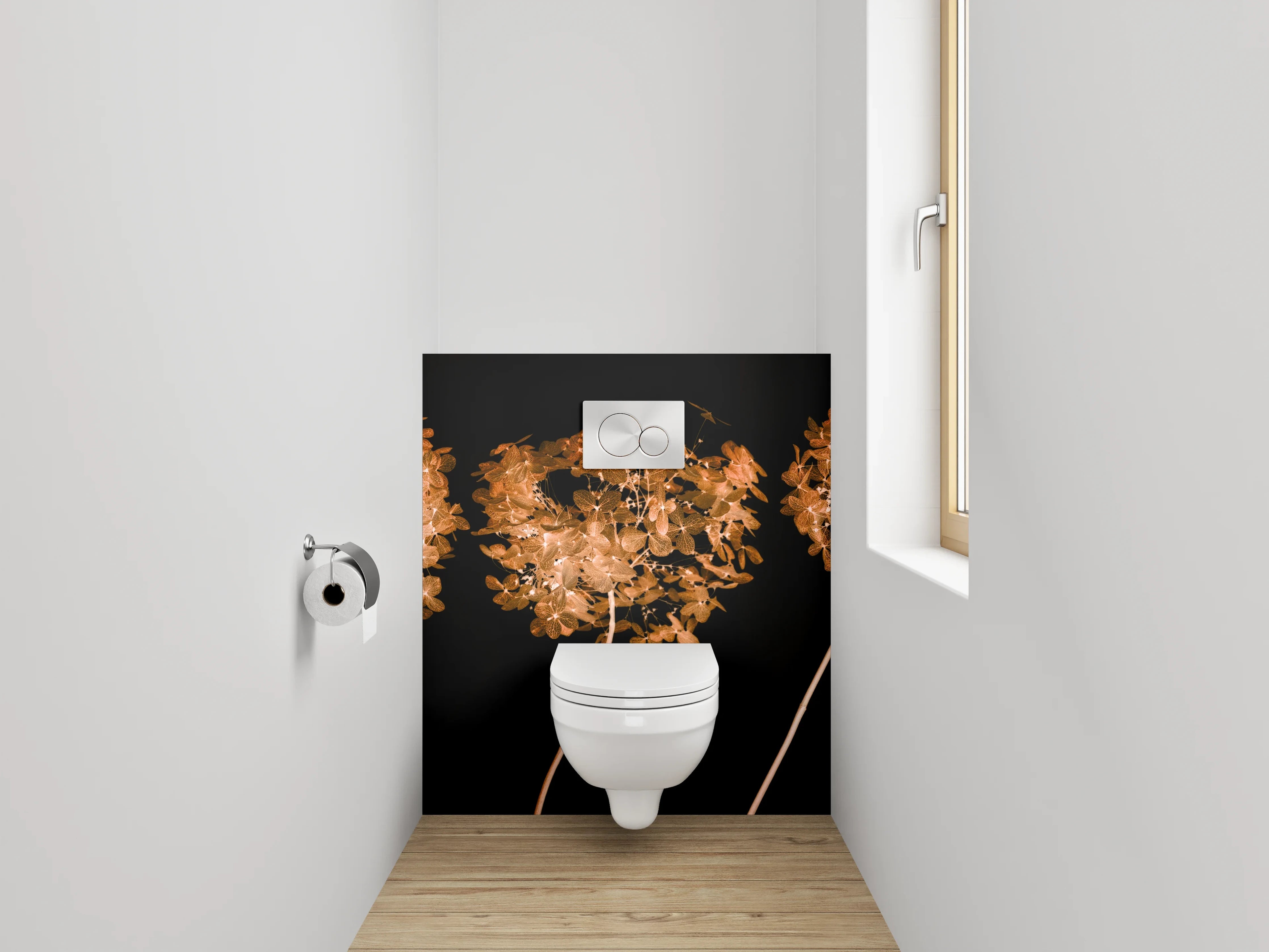WC-Rückwand - Elegante Trockenblumen auf Schwarz