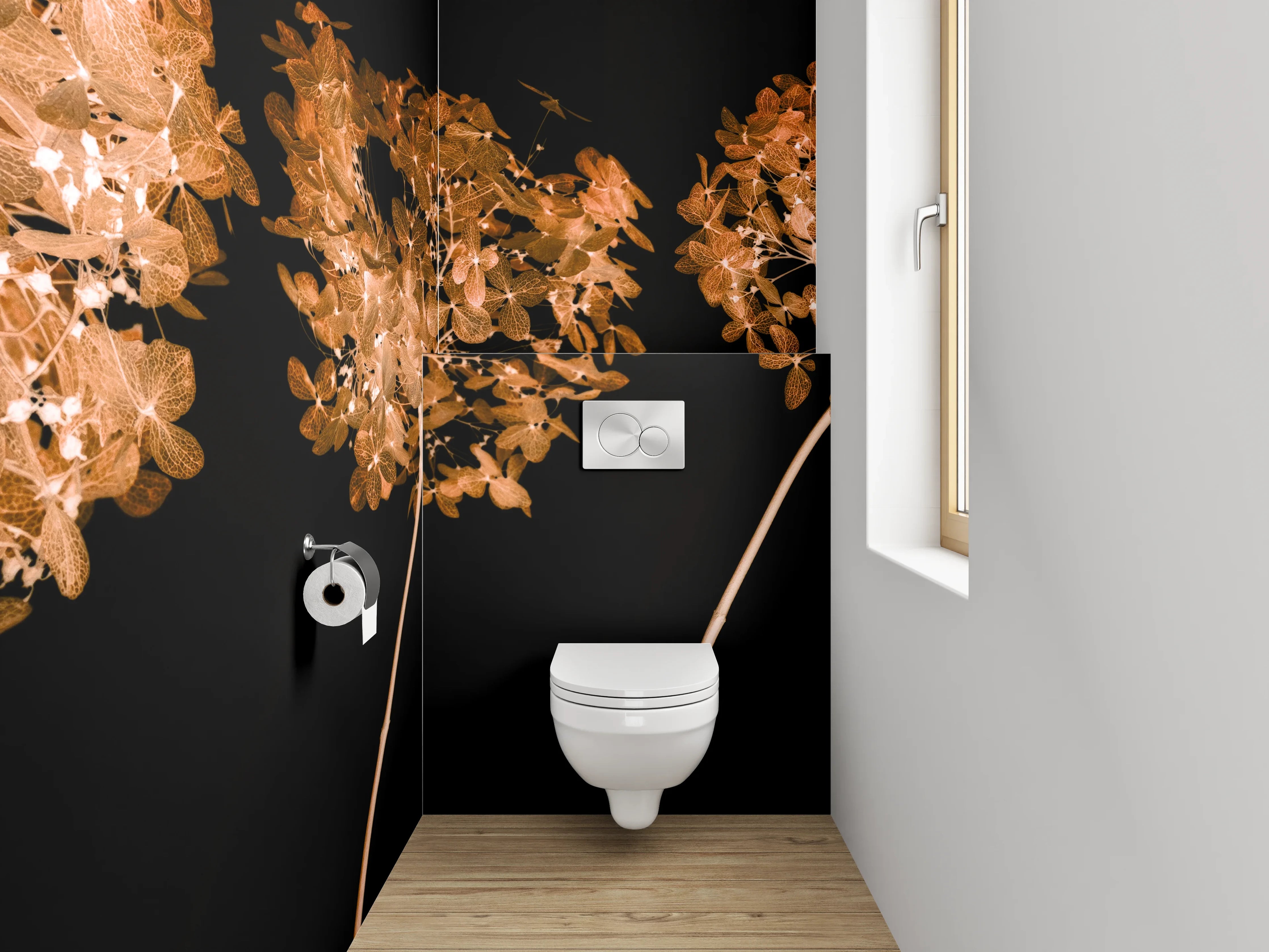 WC-Rückwand - Elegante Trockenblumen auf Schwarz