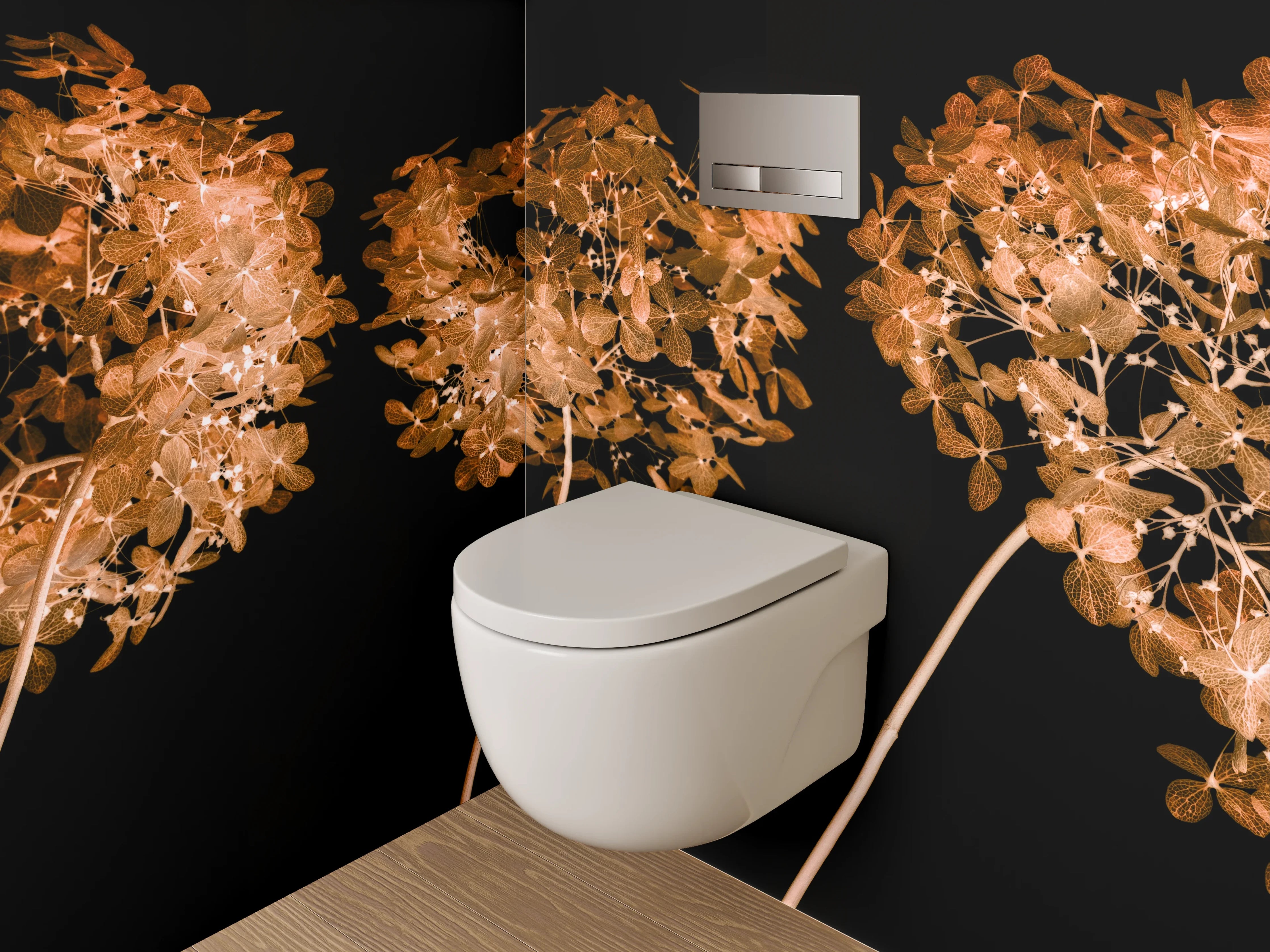 WC-Rückwand - Elegante Trockenblumen auf Schwarz