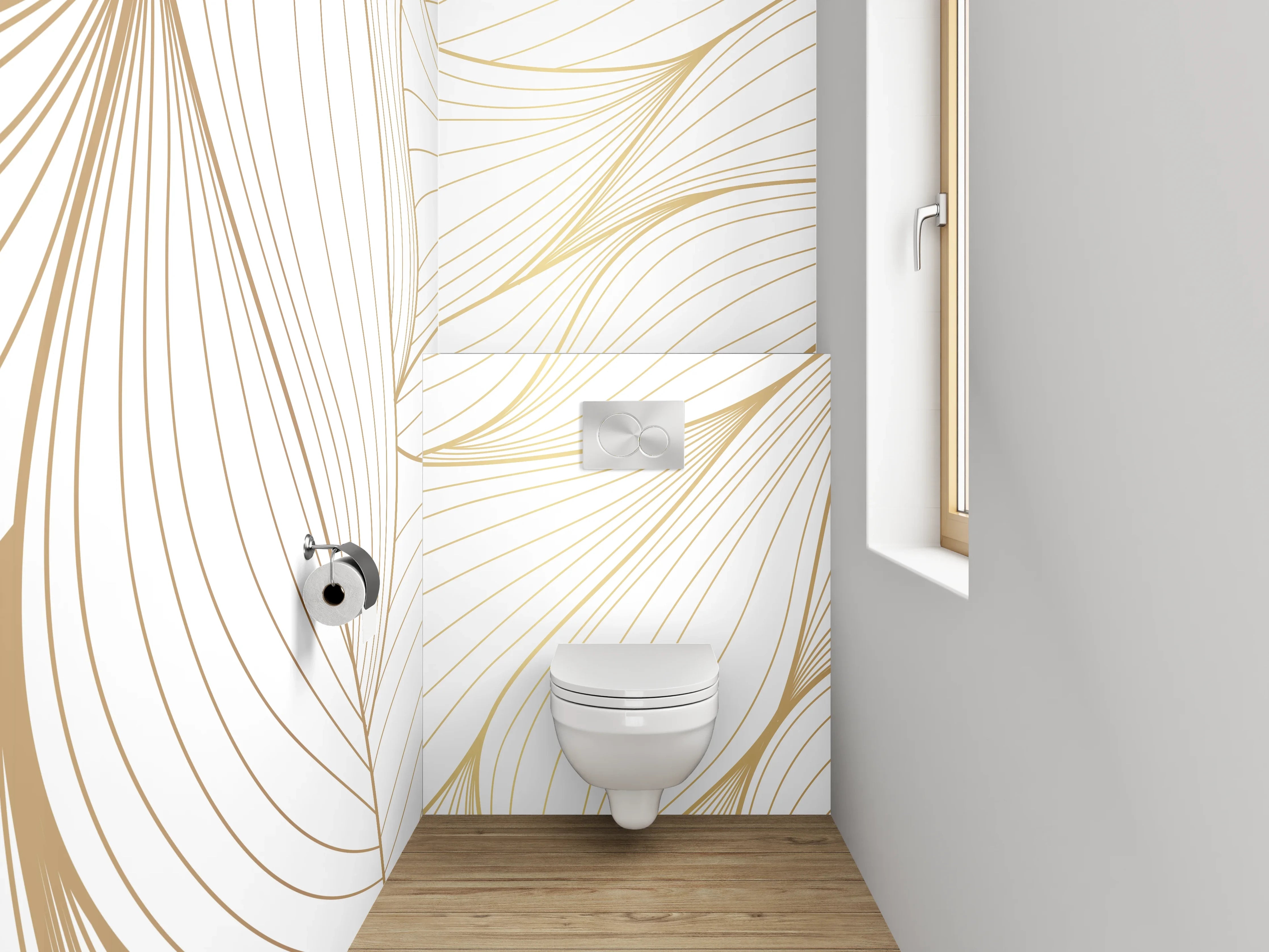 WC-Rückwand - Elegante abstrakte Lineart gold-weiß