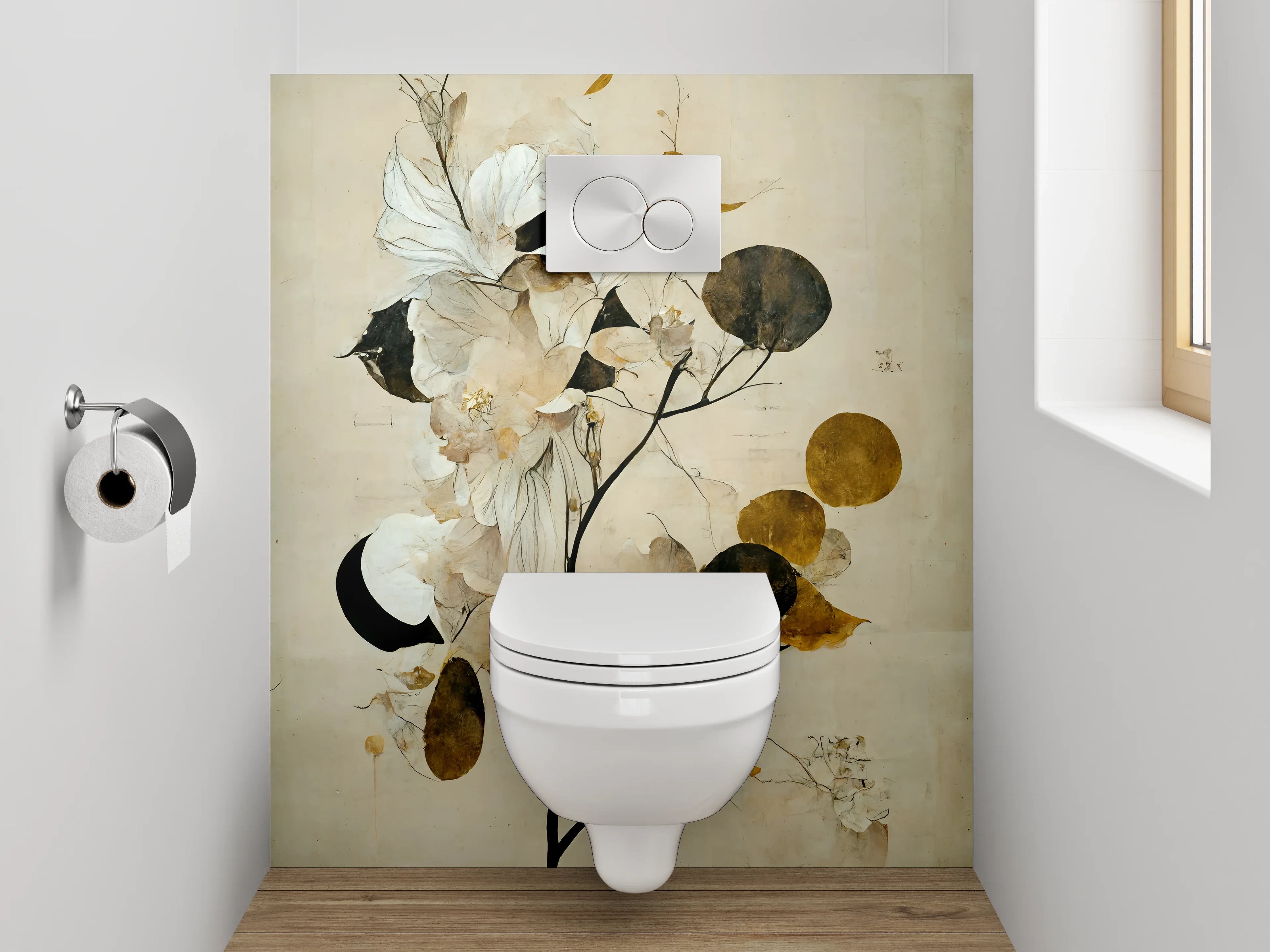 WC-Rückwand - Elegante florale Aquarellkunst in Weiß und Gold