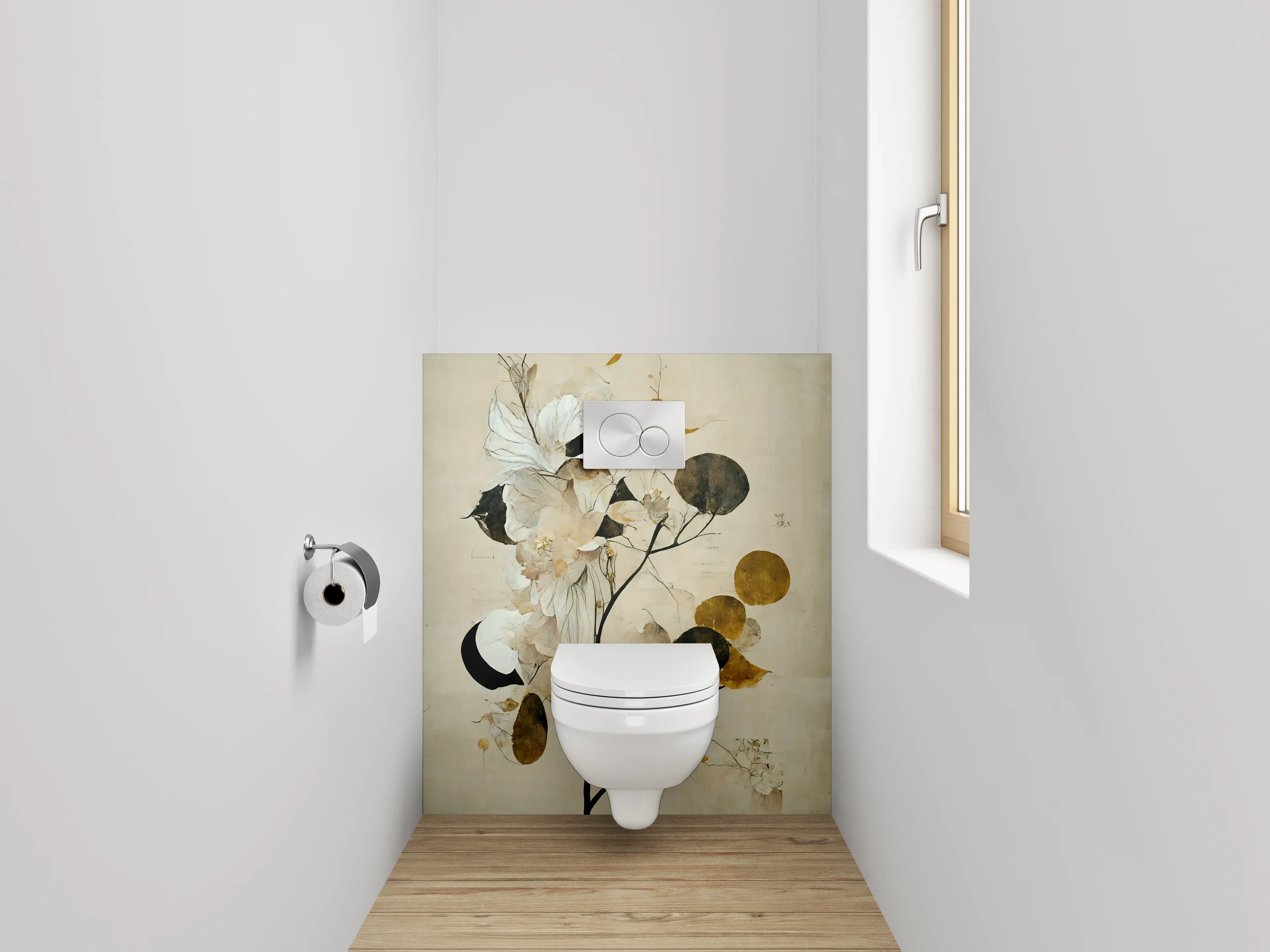 WC-Rückwand - Elegante florale Aquarellkunst in Weiß und Gold