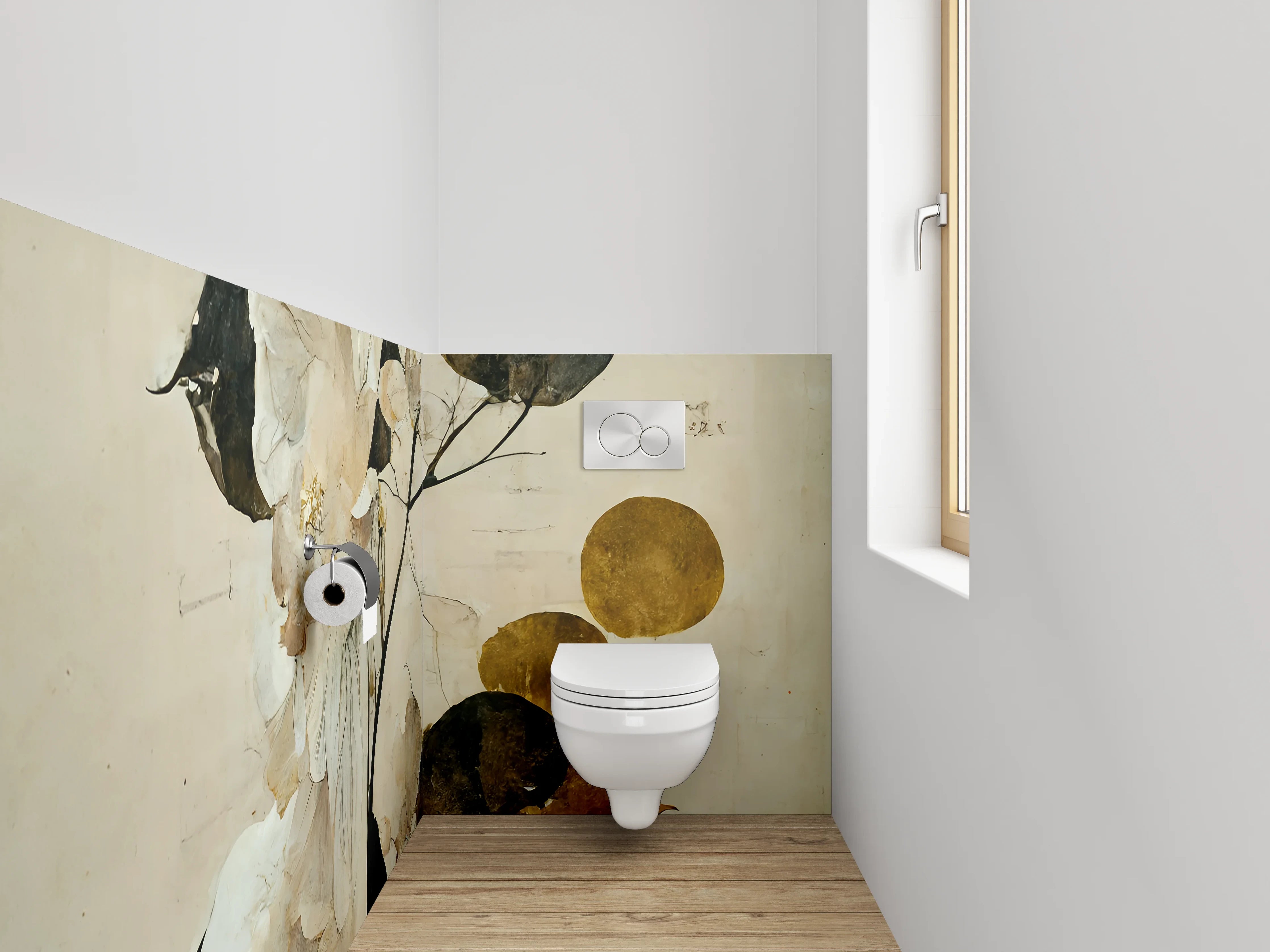 WC-Rückwand - Elegante florale Aquarellkunst in Weiß und Gold