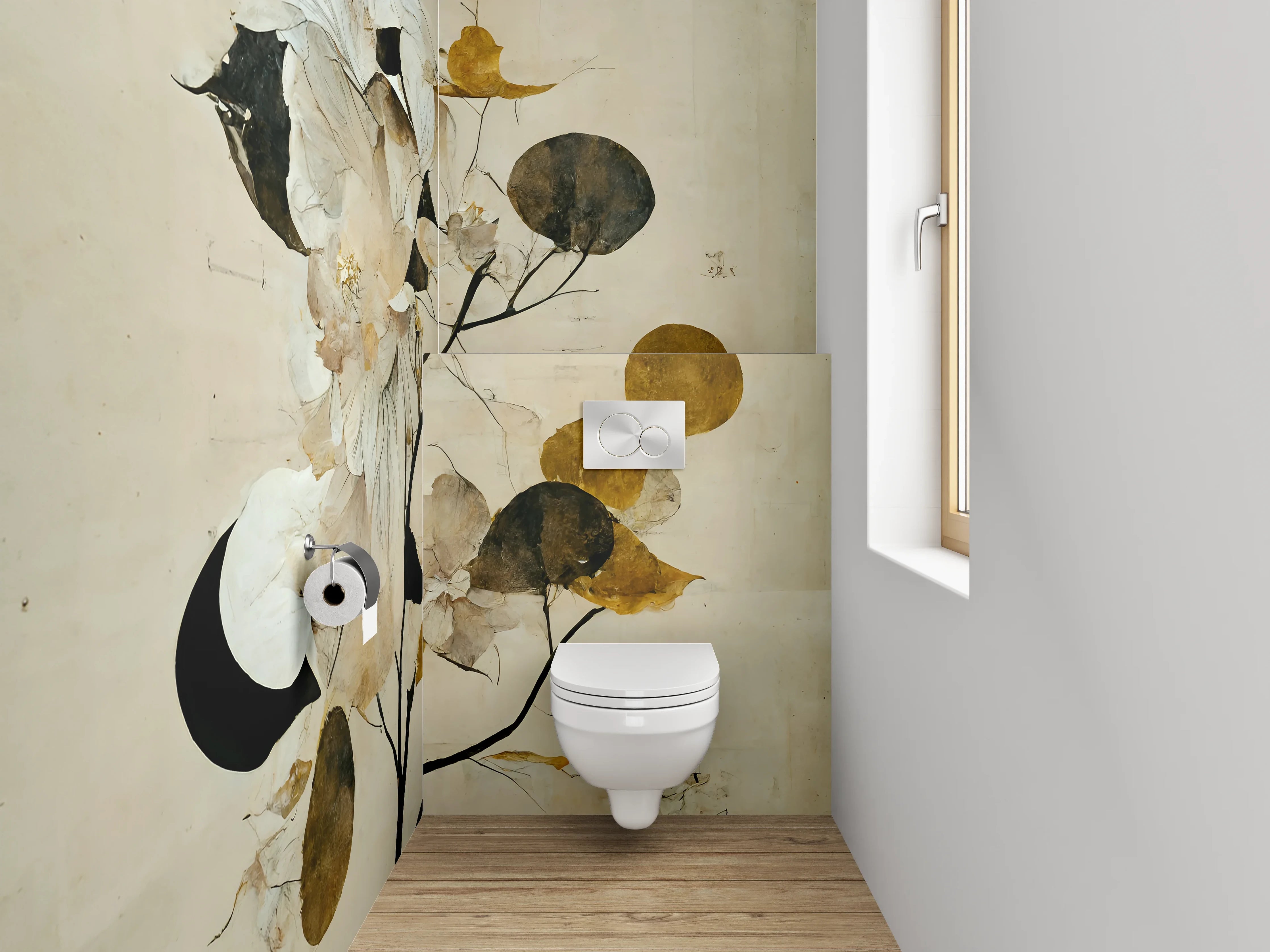 WC-Rückwand - Elegante florale Aquarellkunst in Weiß und Gold
