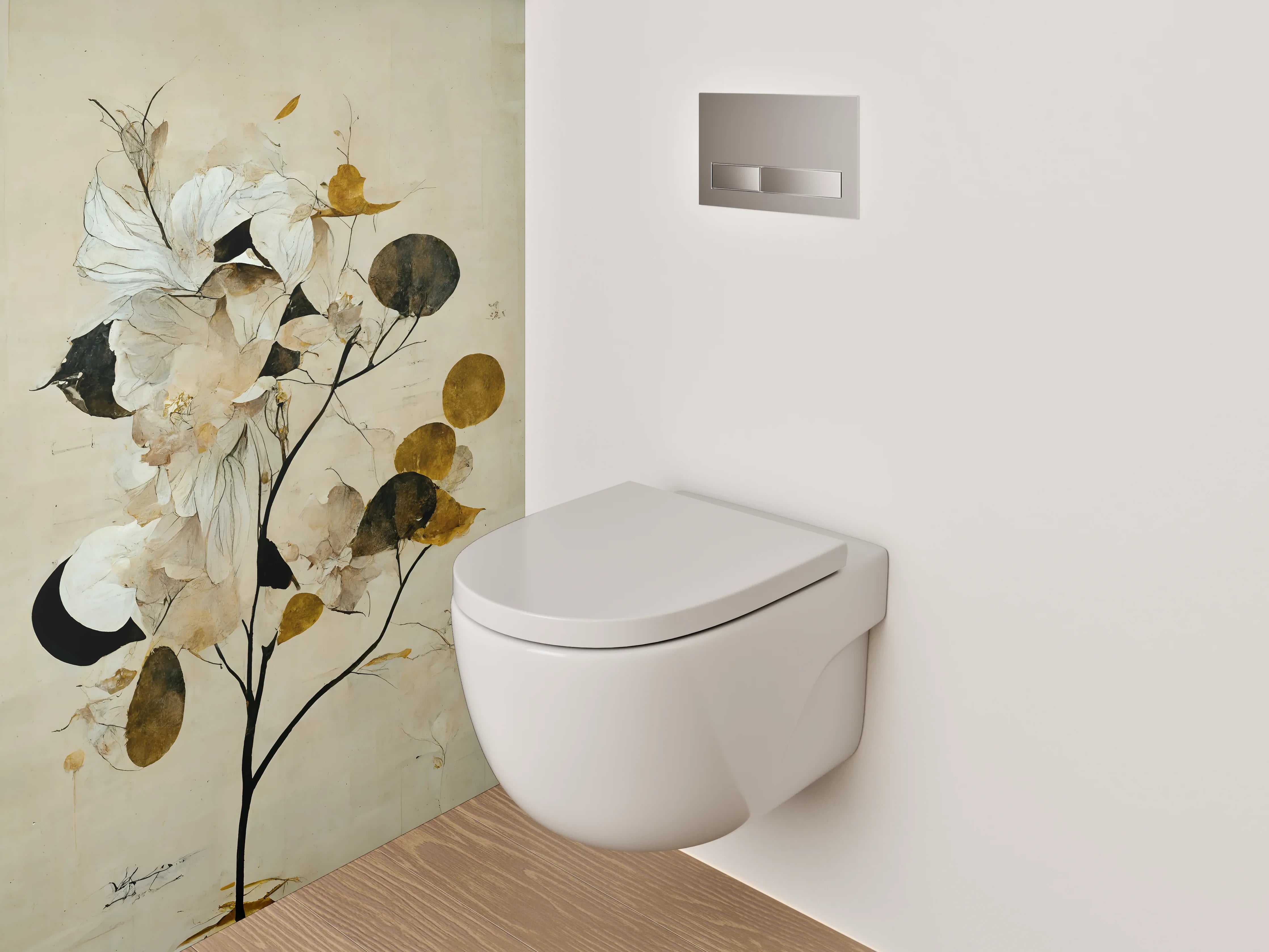 WC-Rückwand - Elegante florale Aquarellkunst in Weiß und Gold