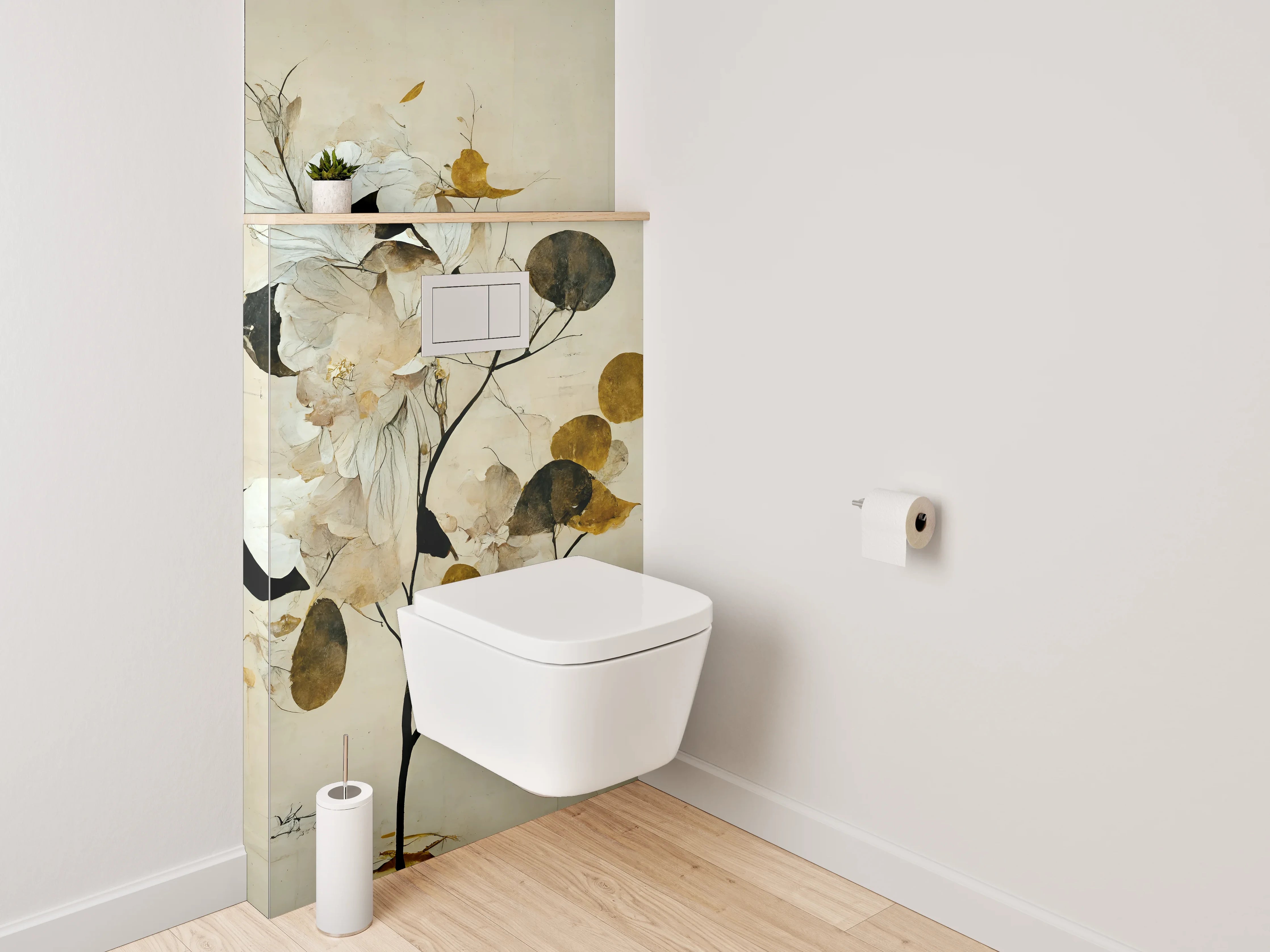 WC-Rückwand - Elegante florale Aquarellkunst in Weiß und Gold