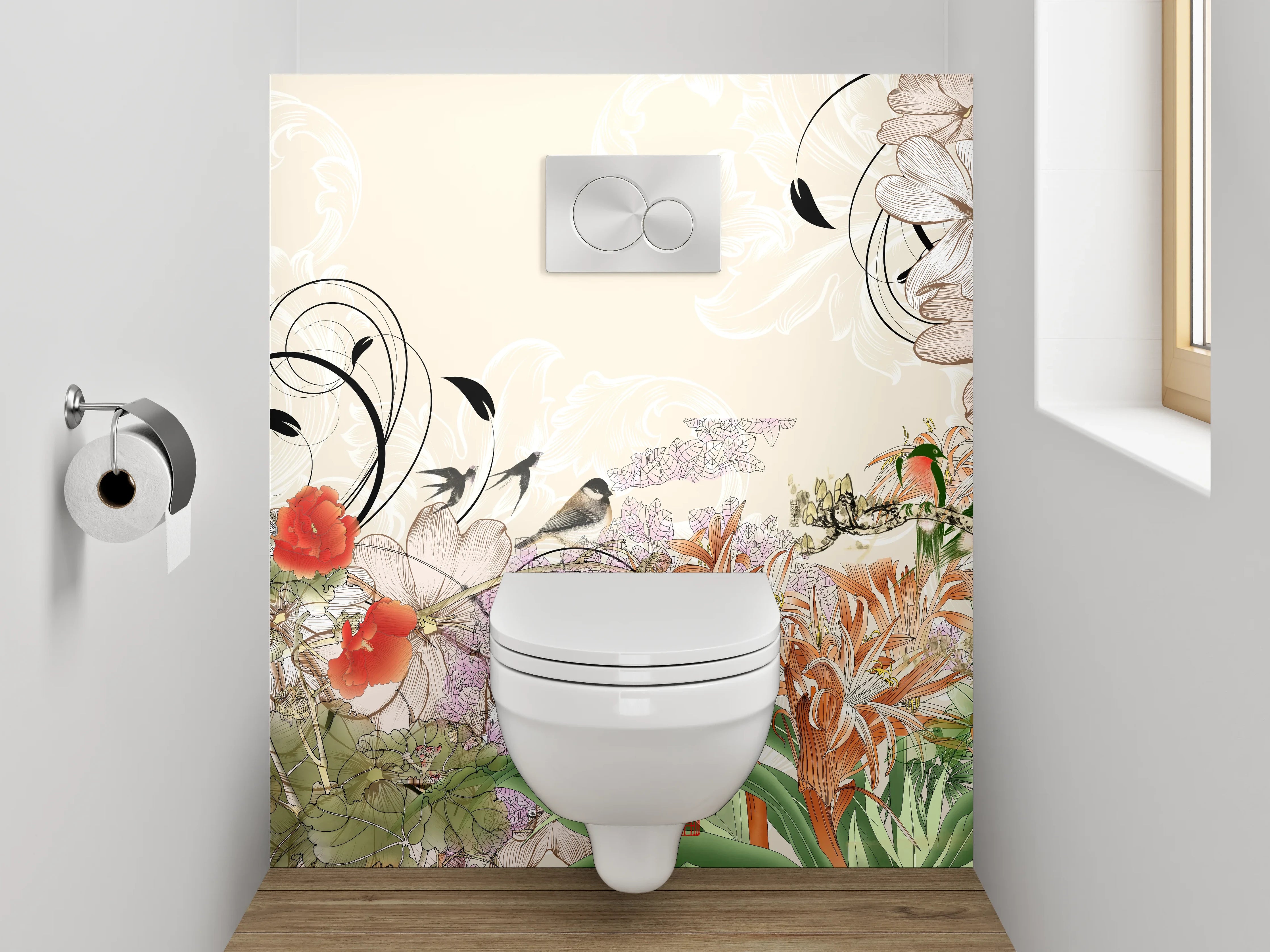 WC-Rückwand - Elegante florale Illustration mit zarten Farben
