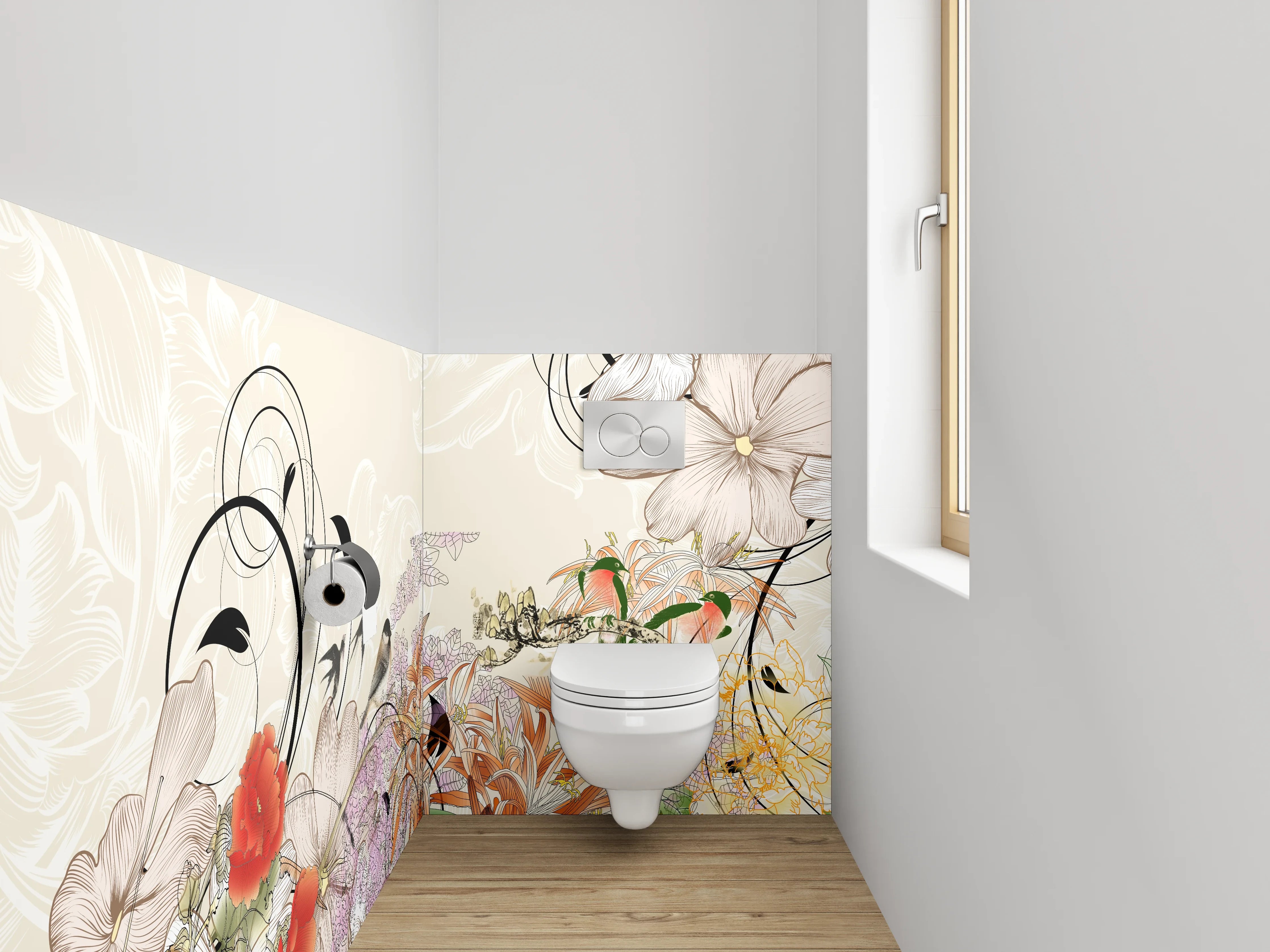 WC-Rückwand - Elegante florale Illustration mit zarten Farben