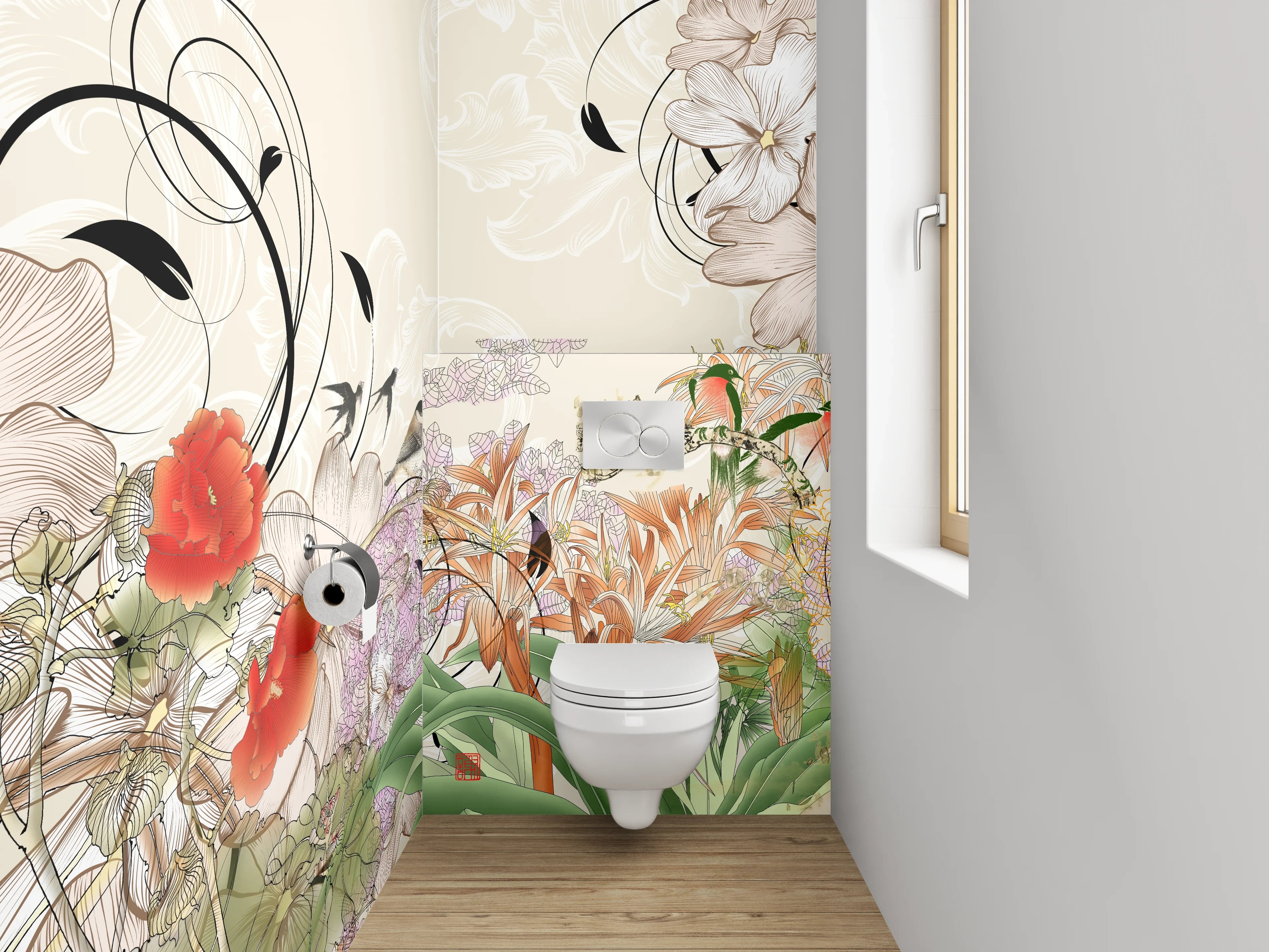 WC-Rückwand - Elegante florale Illustration mit zarten Farben