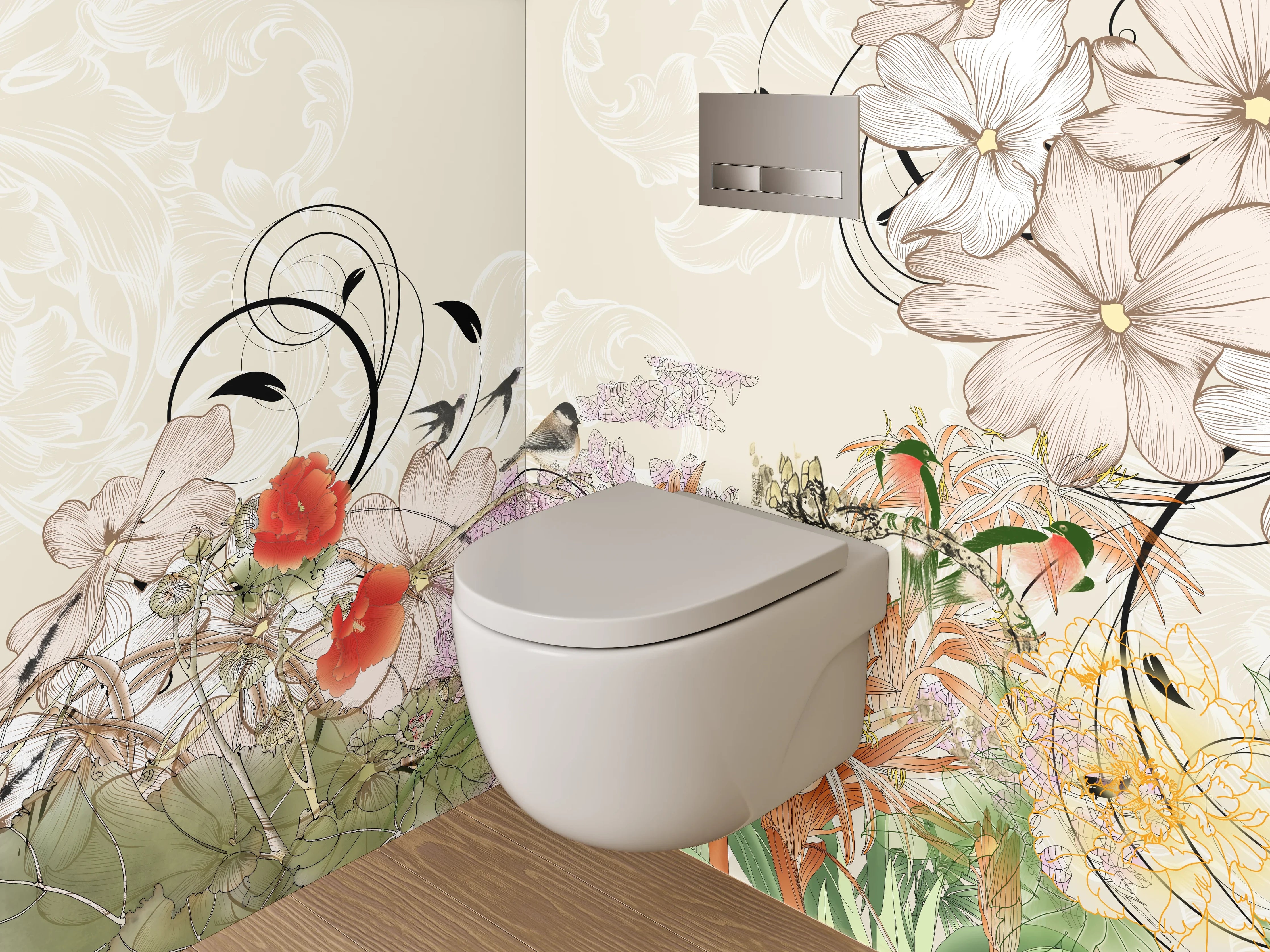 WC-Rückwand - Elegante florale Illustration mit zarten Farben