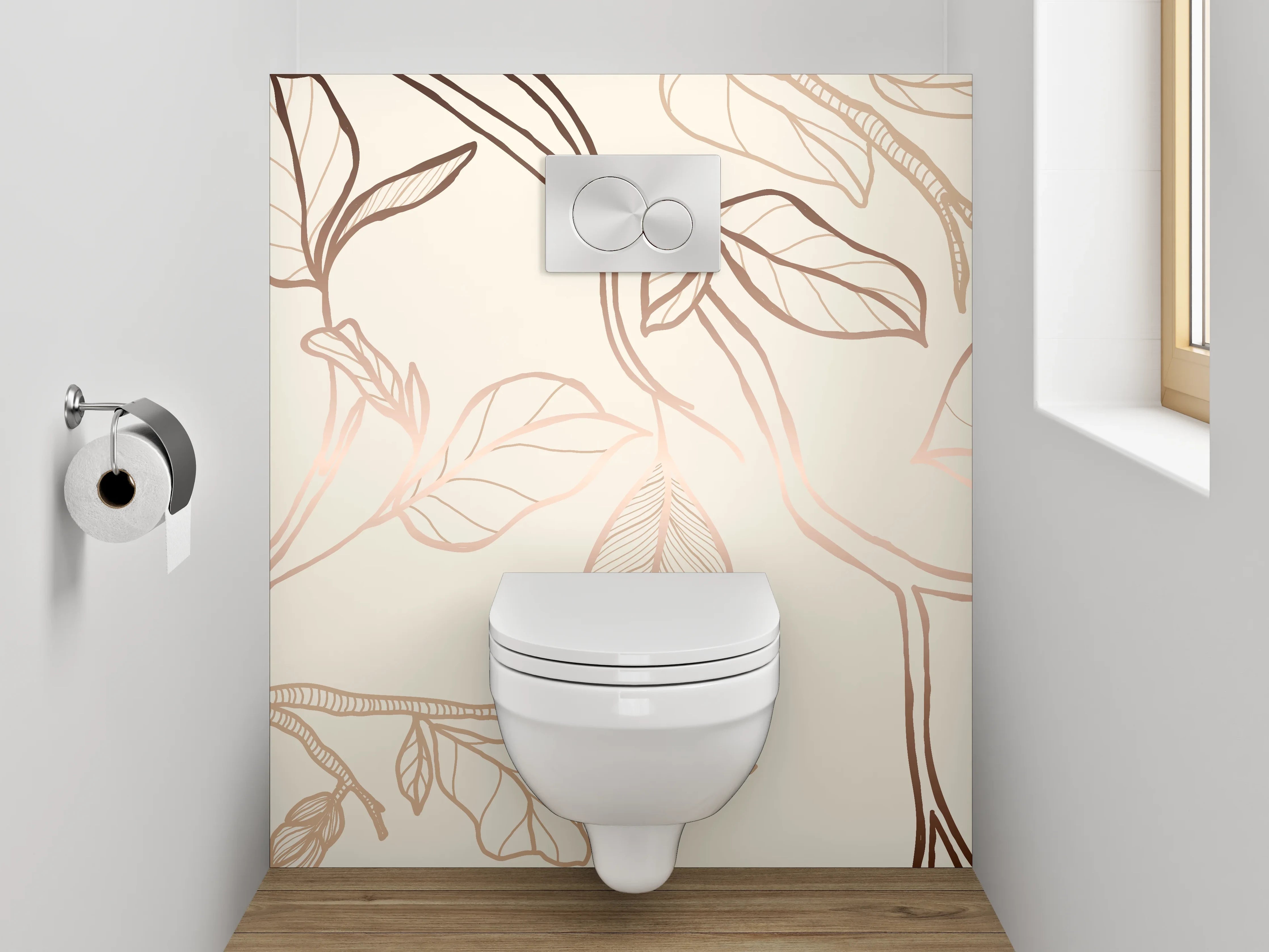 WC-Rückwand - Elegante florale Lineart auf Beige