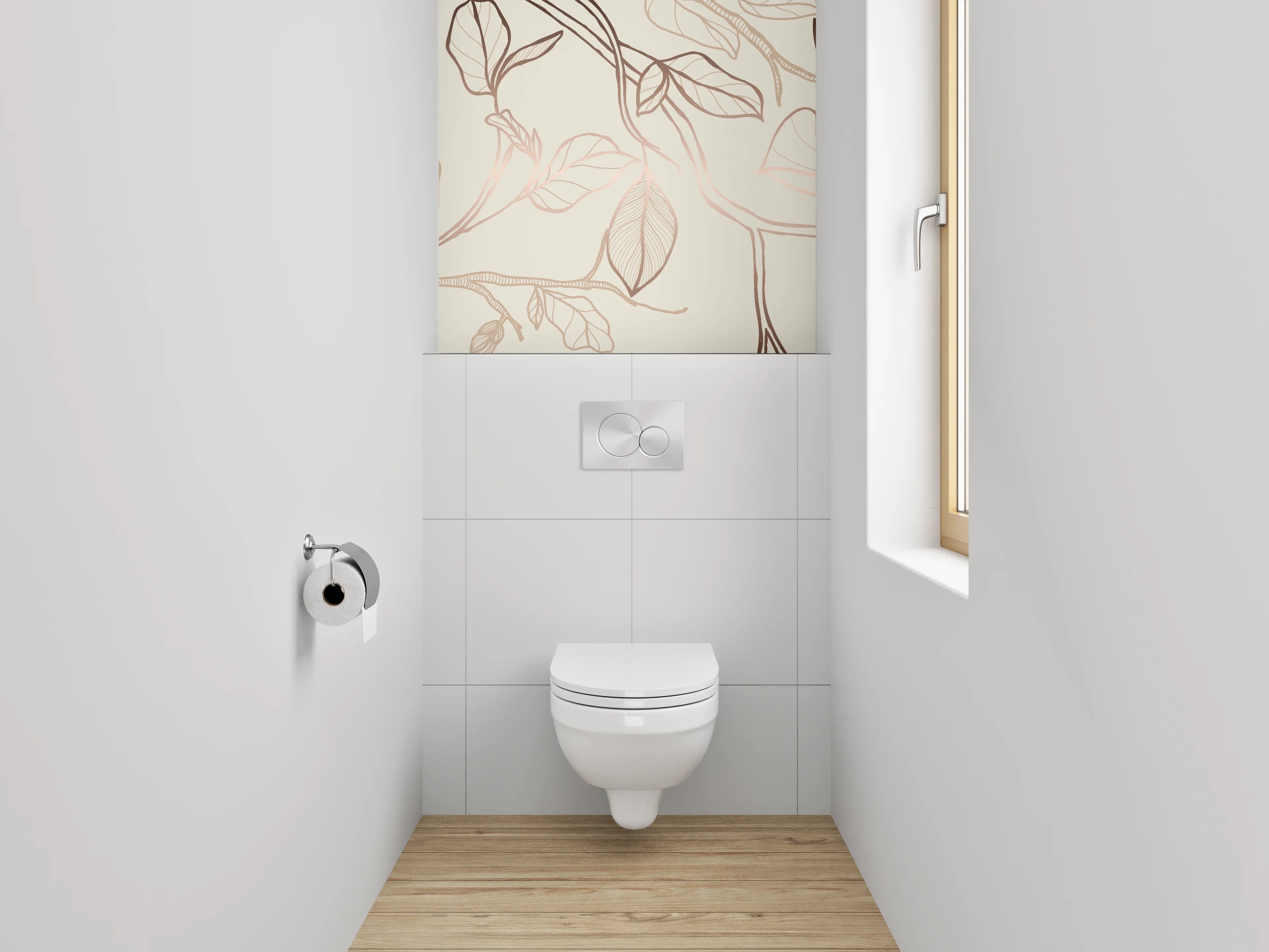 WC-Rückwand - Elegante florale Lineart auf Beige