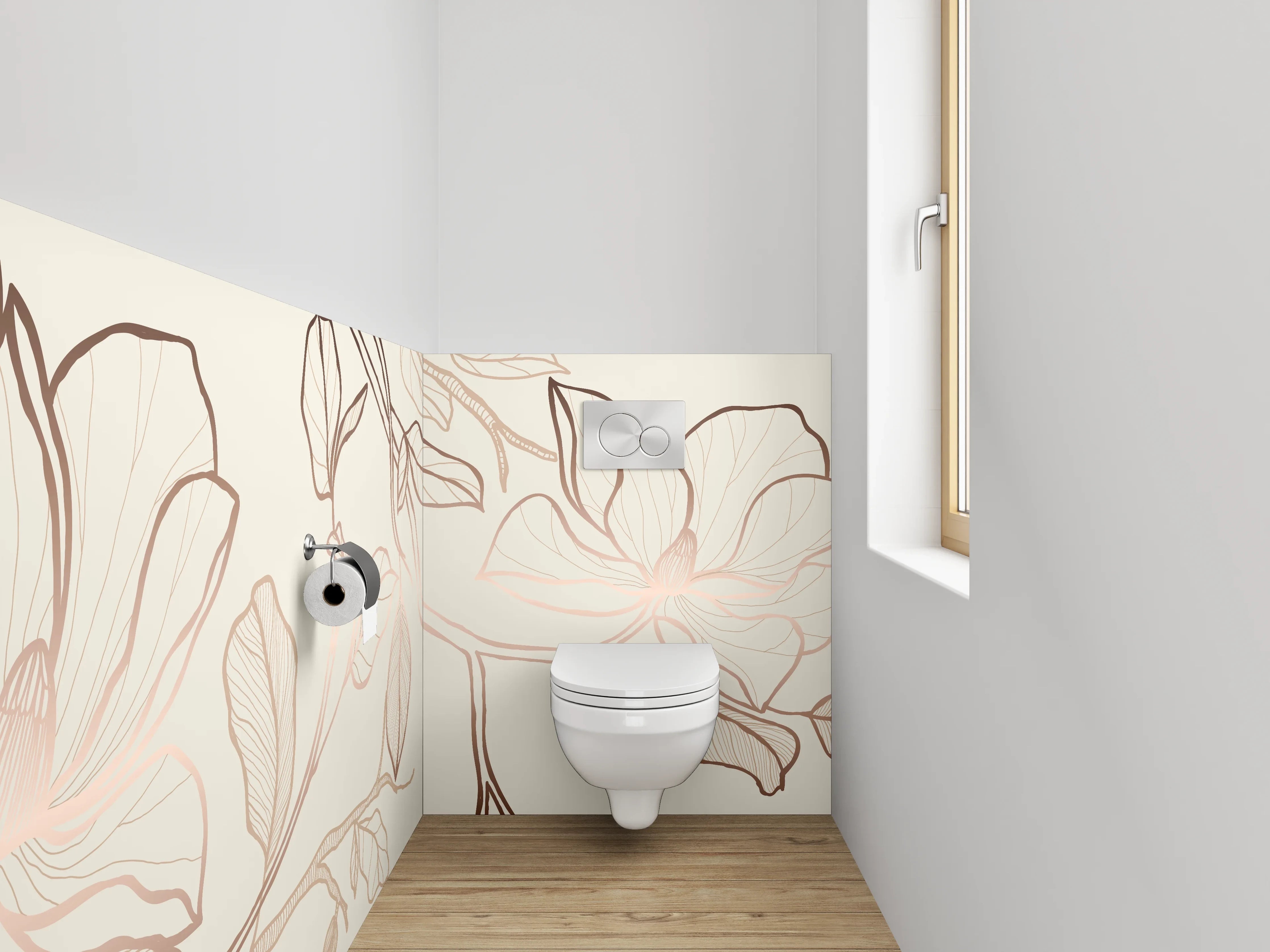 WC-Rückwand - Elegante florale Lineart auf Beige