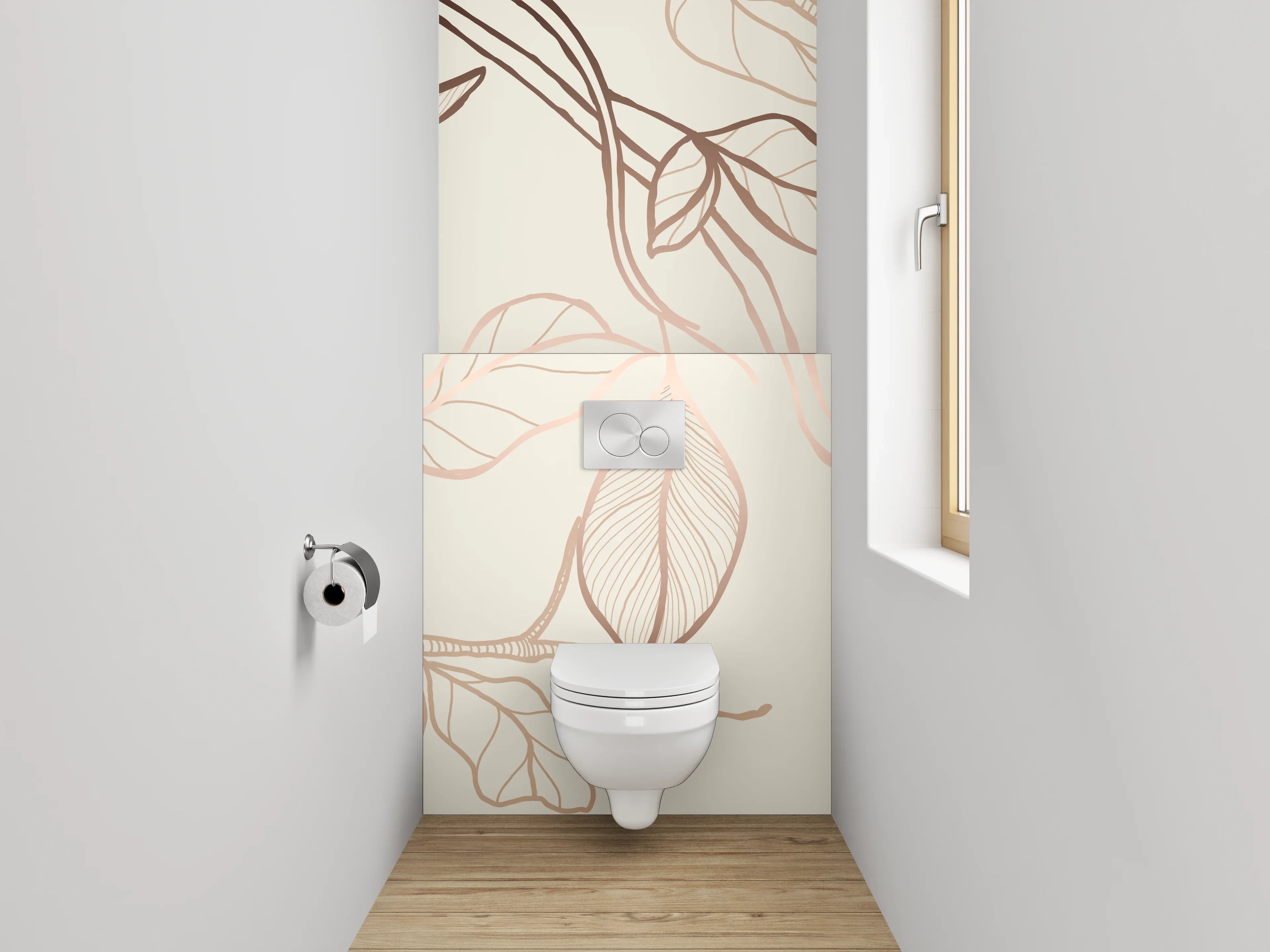 WC-Rückwand - Elegante florale Lineart auf Beige