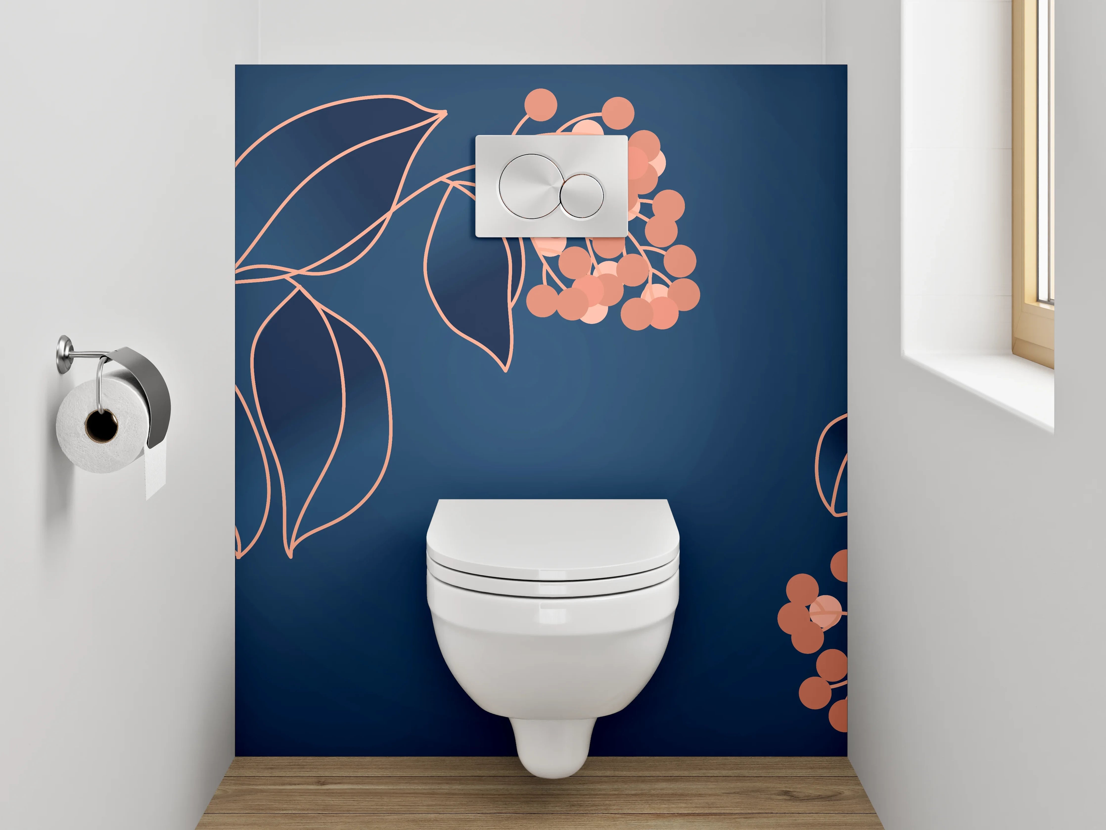 WC-Rückwand - Elegante florale Lineart auf Dunkelblau
