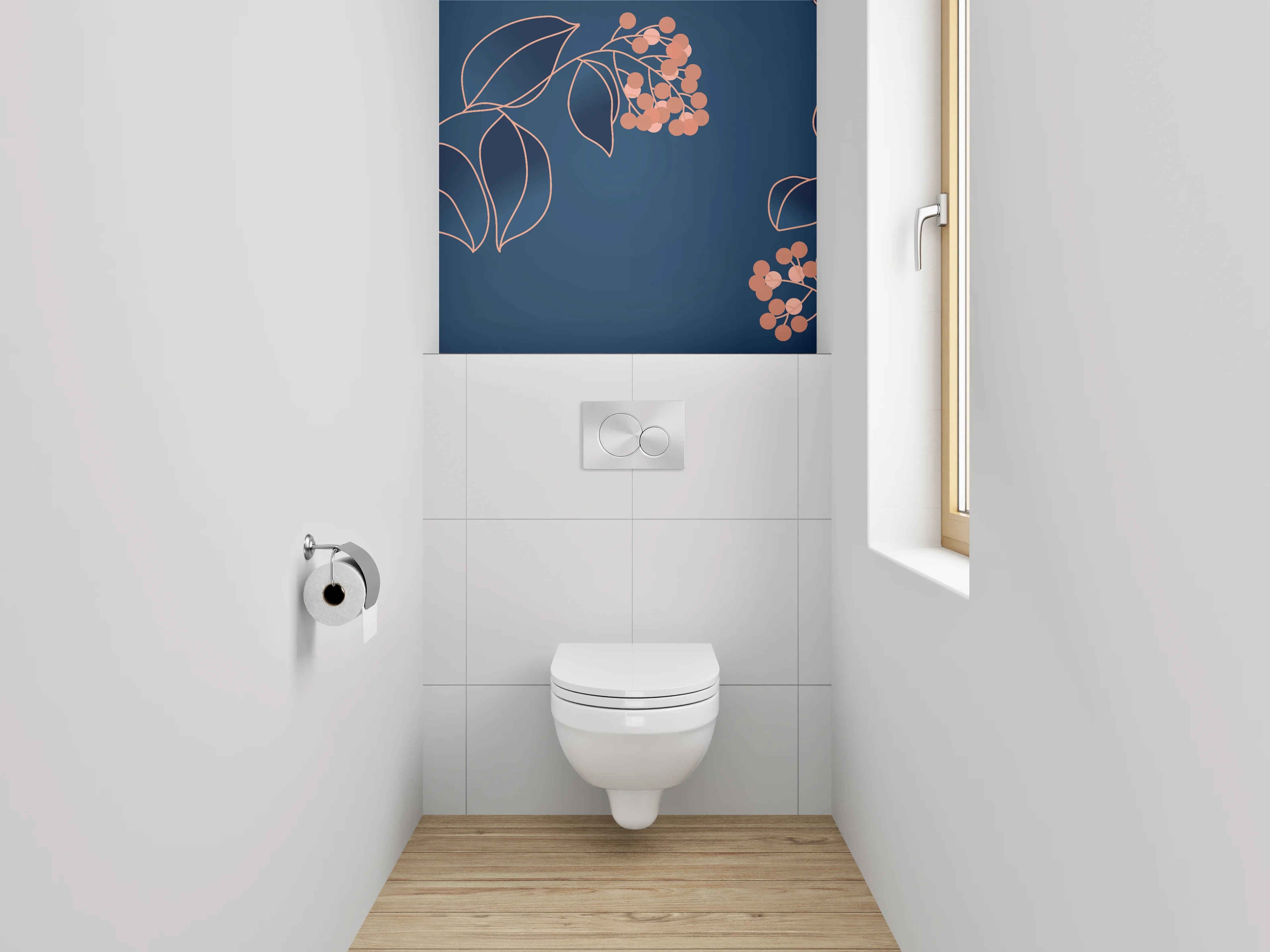 WC-Rückwand - Elegante florale Lineart auf Dunkelblau